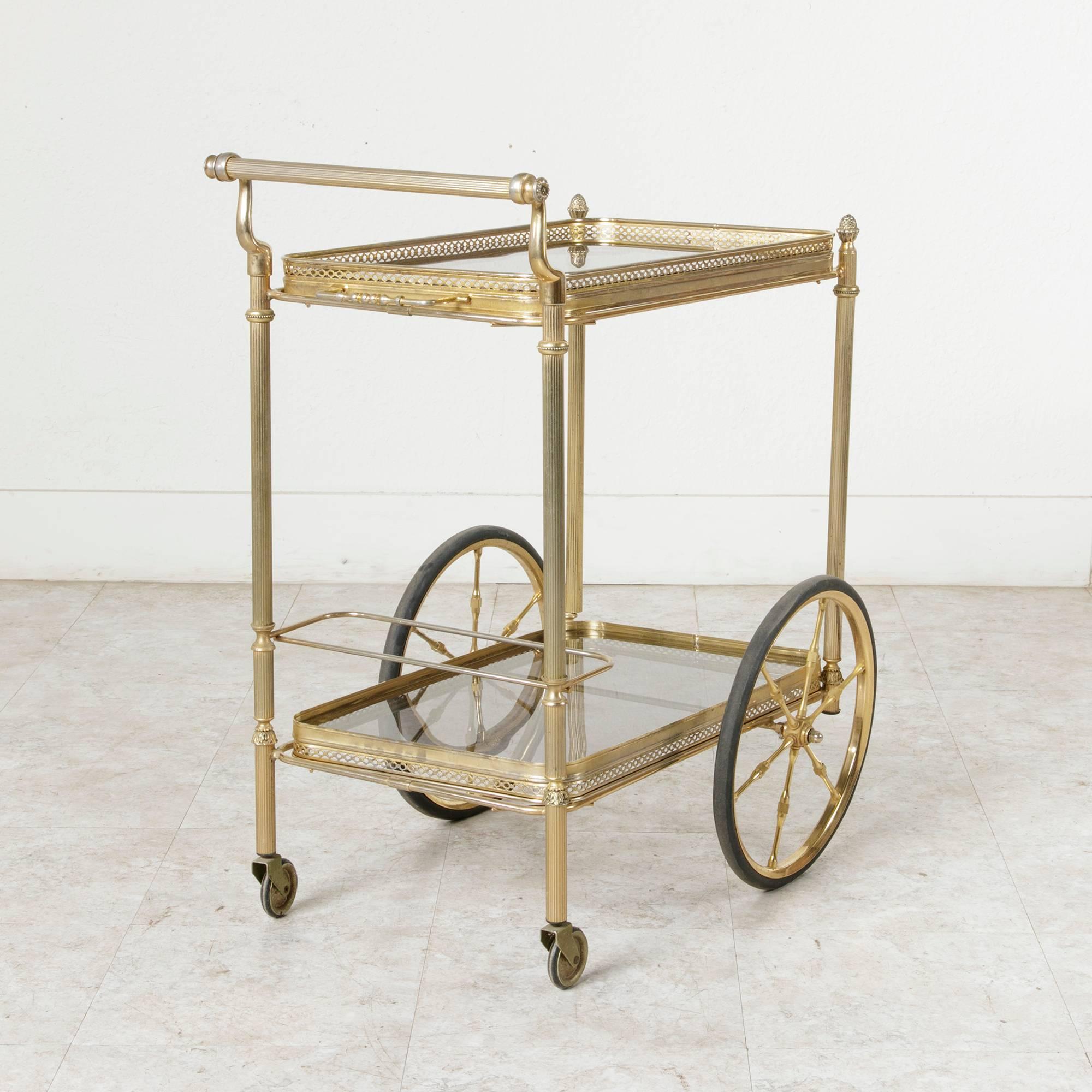 French Mid-Century Brass Bar Cart with Removable Glass Trays and Bottle Holder 3