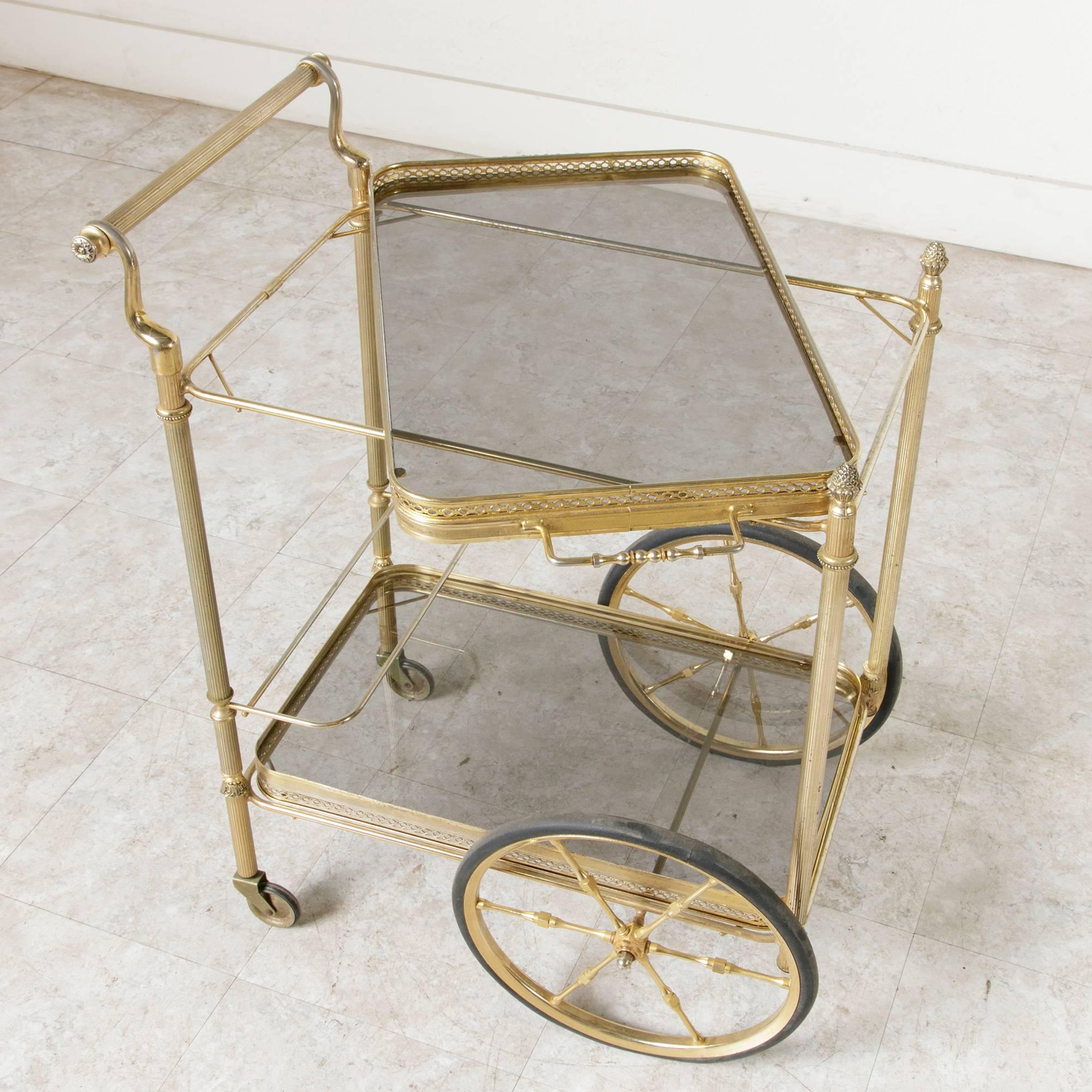 French Mid-Century Brass Bar Cart with Removable Glass Trays and Bottle Holder 5