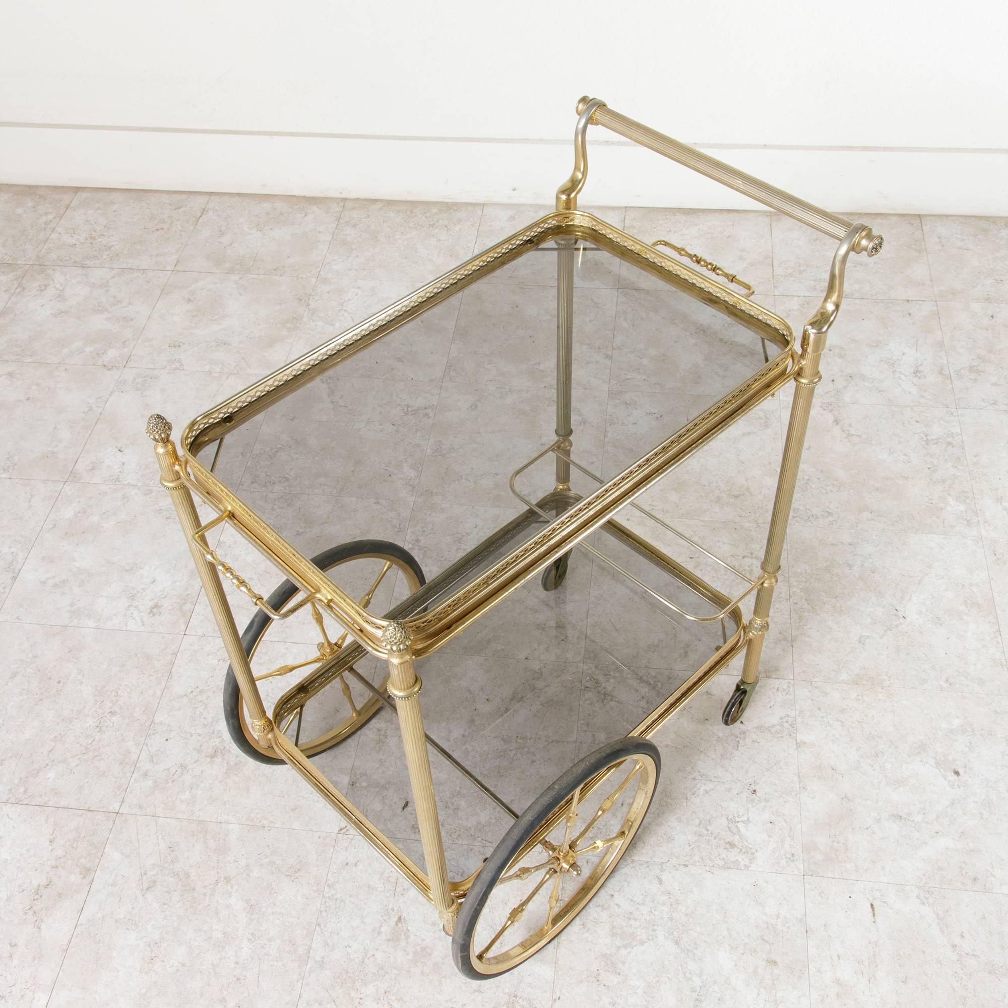 French Mid-Century Brass Bar Cart with Removable Glass Trays and Bottle Holder 6