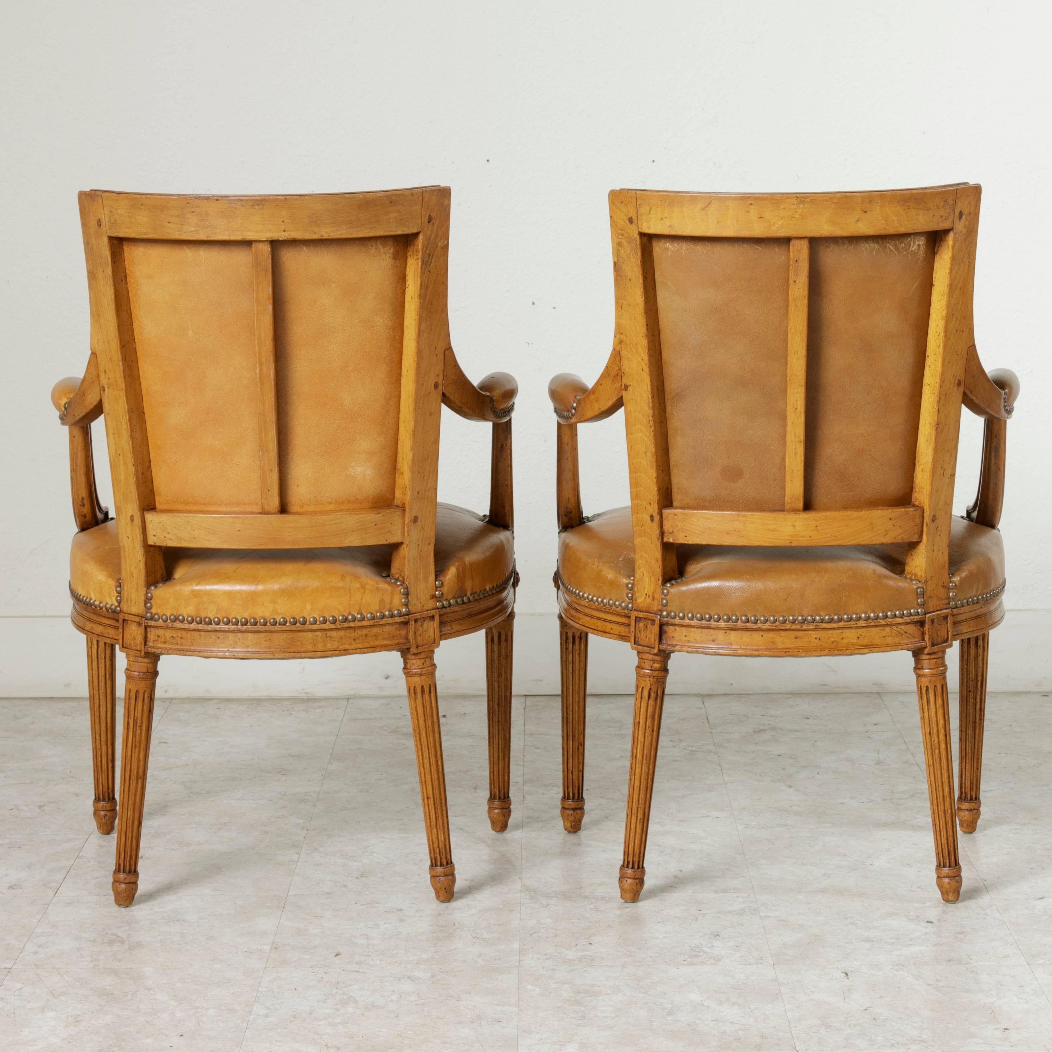 Mid-Century Pair of Louis XVI Style Beechwood Armchairs with Leather Upholstery In Good Condition In Fayetteville, AR
