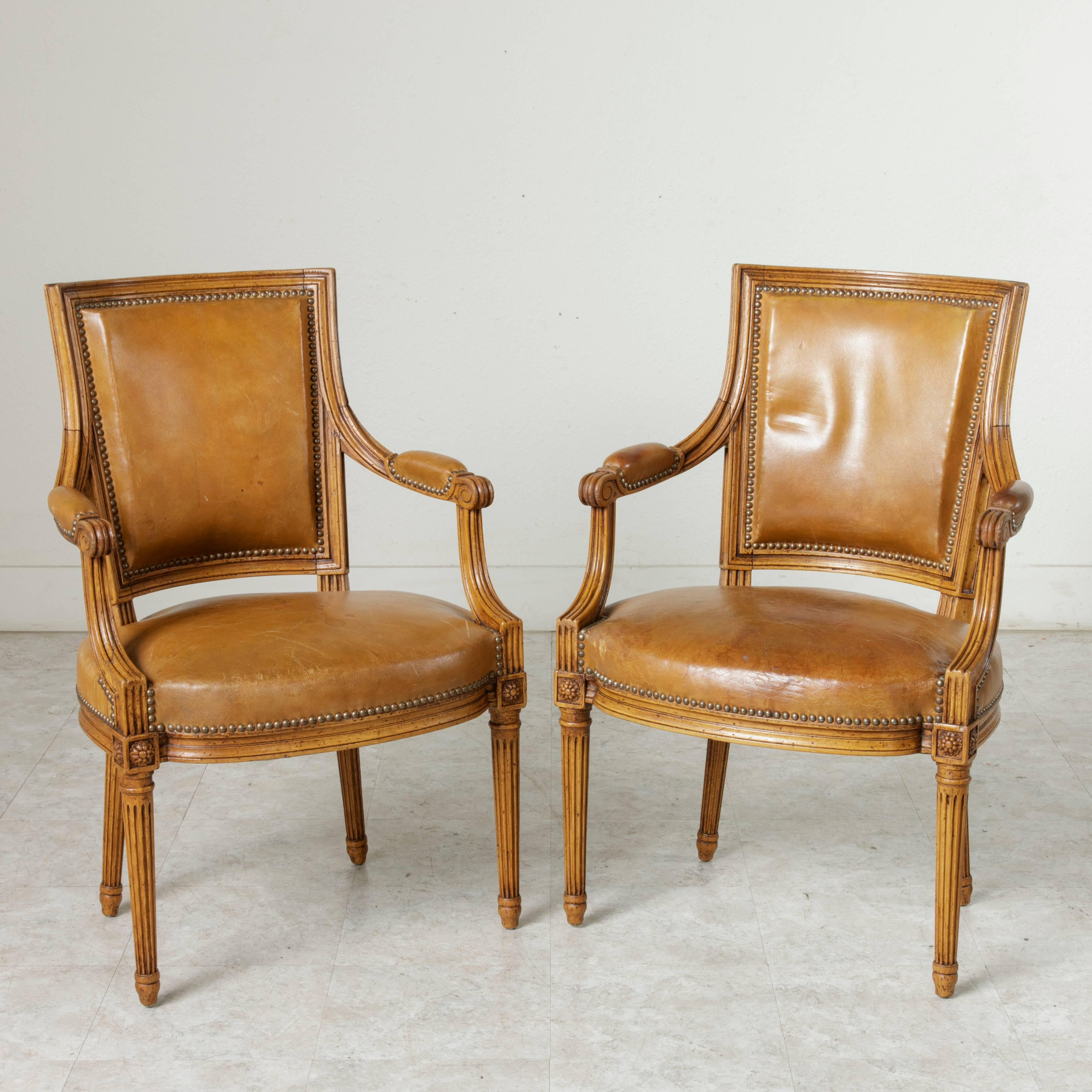 Great Britain (UK) Mid-Century Pair of Louis XVI Style Beechwood Armchairs with Leather Upholstery