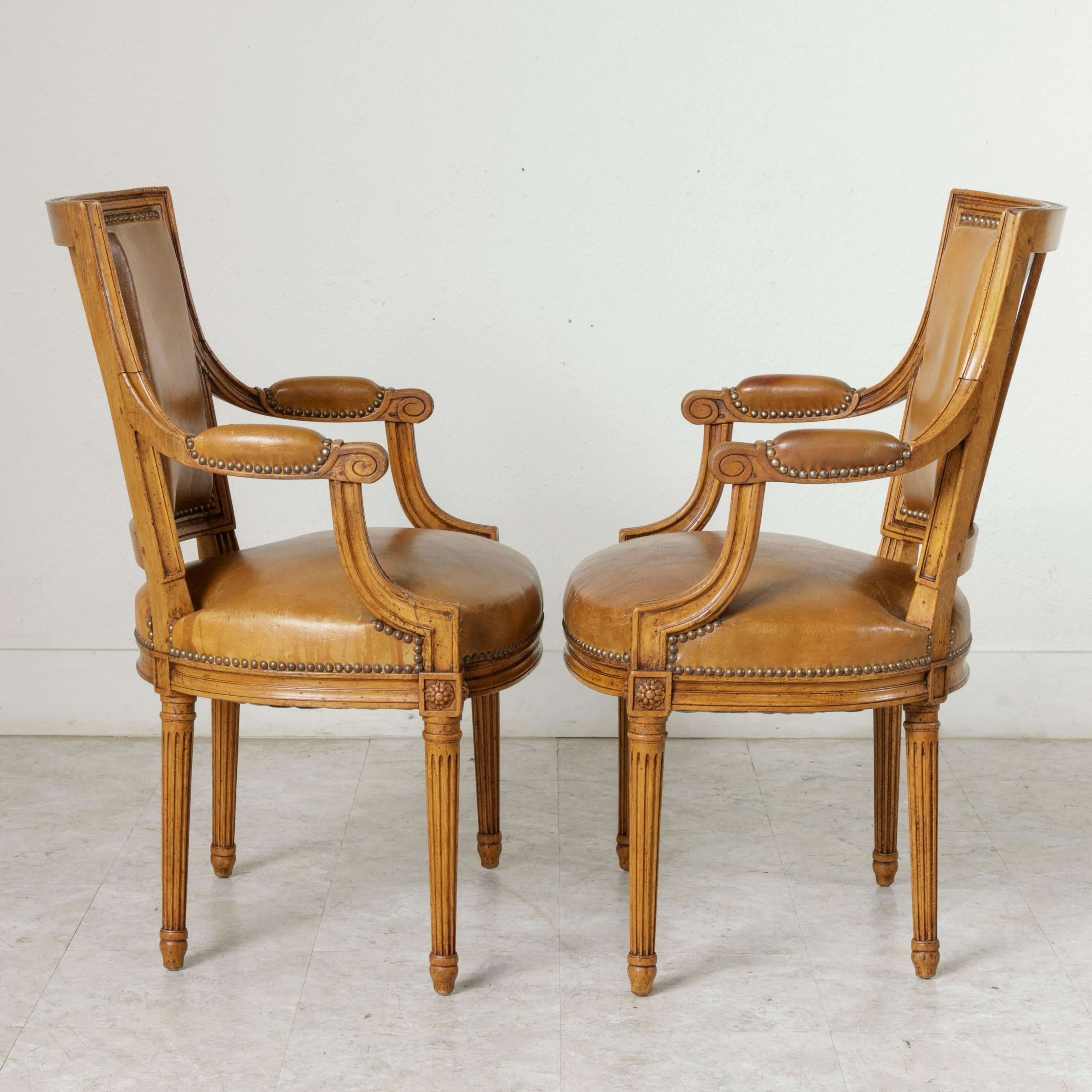 20th Century Mid-Century Pair of Louis XVI Style Beechwood Armchairs with Leather Upholstery