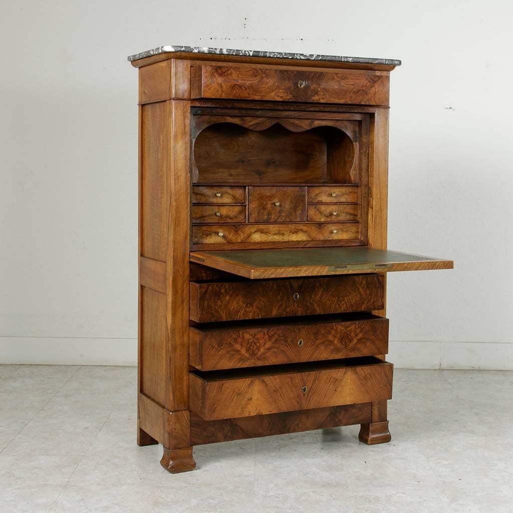Mid-19th Century Louis Philippe Period Bookmatched Walnut Secretary with Marble Top and Leather