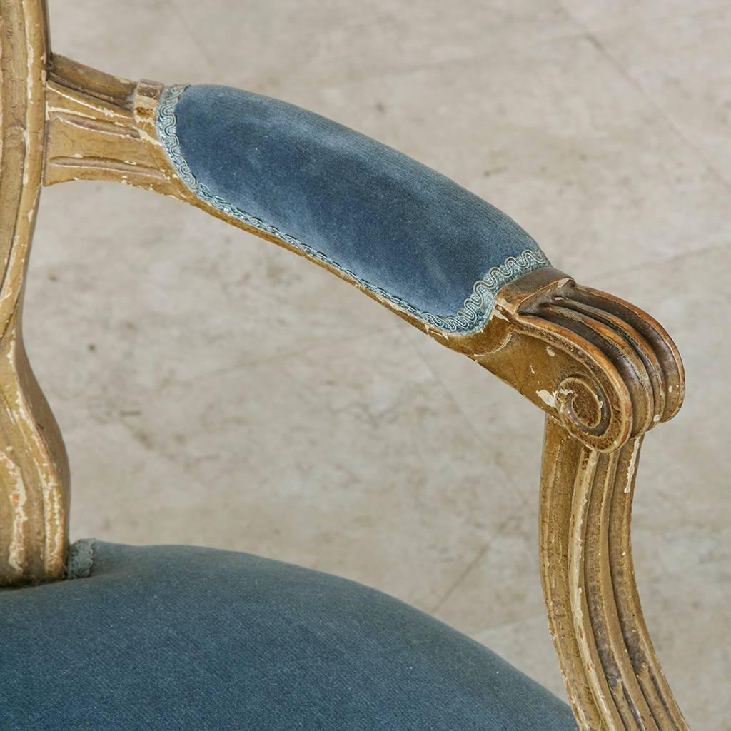18th Century Pair of Hand-Carved Louis XVI Period Painted Armchairs, Mohair 2