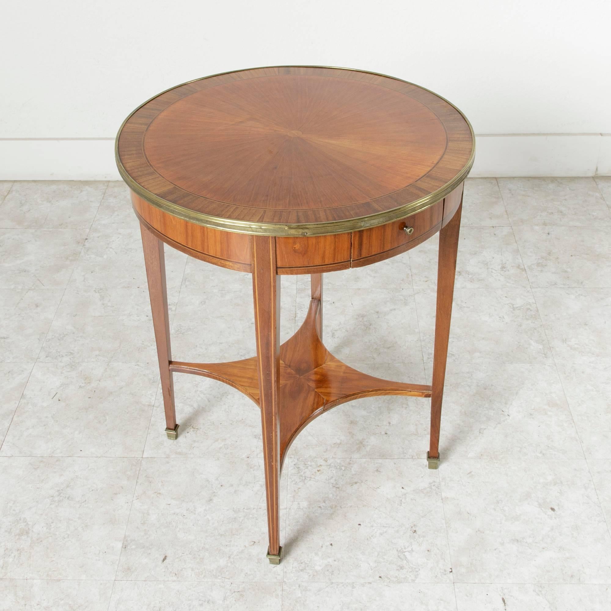 French Art Deco Period Rosewood and Walnut Marquetry Gueridon or Side Table, Brass Trim