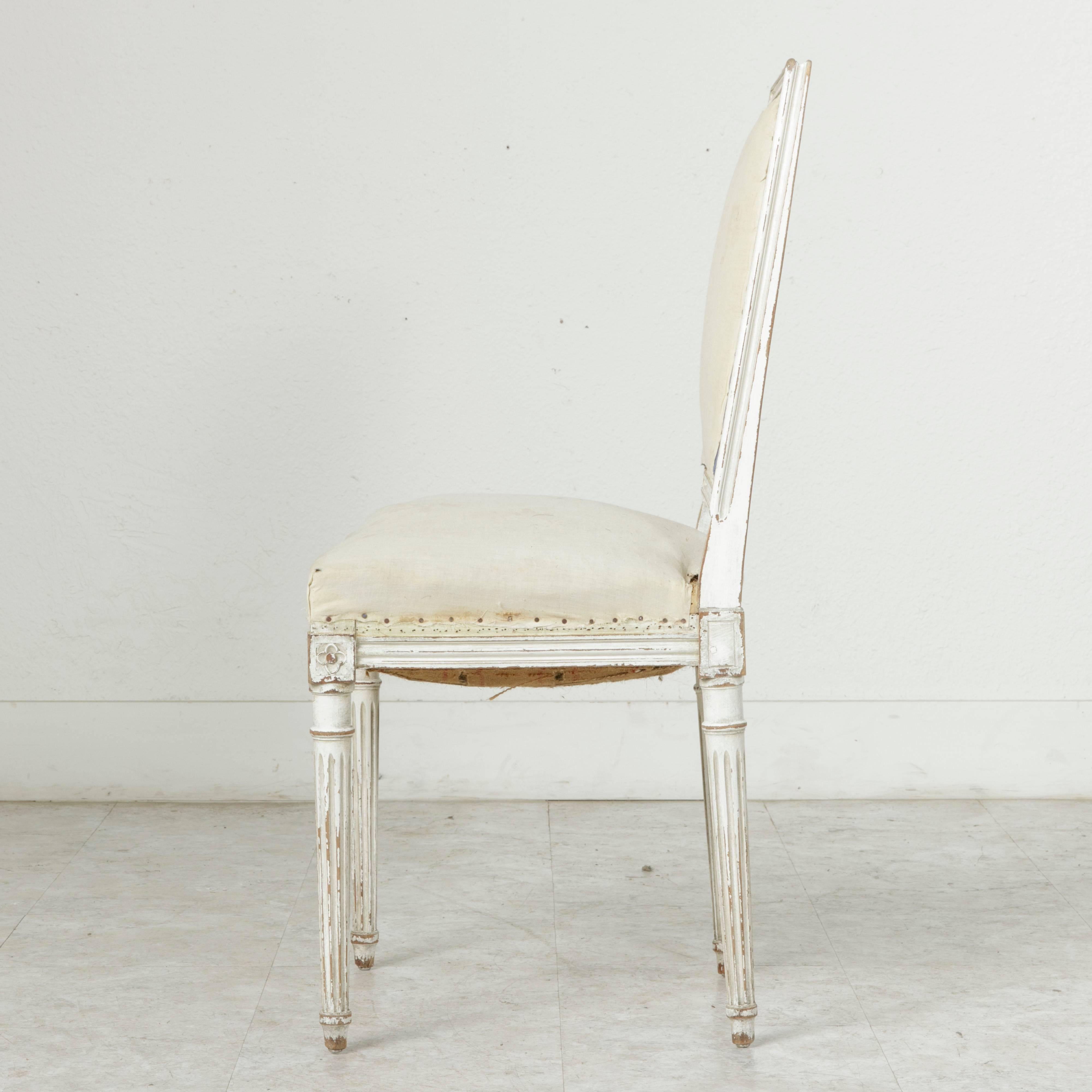 Upholstery Set of Four Late 19th Century Louis XVI Style Hand-Carved Painted Side Chairs