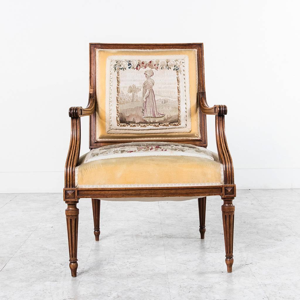 French Nineteenth Century Louis XVI Style Walnut Armchairs With Gobelins Tapestry