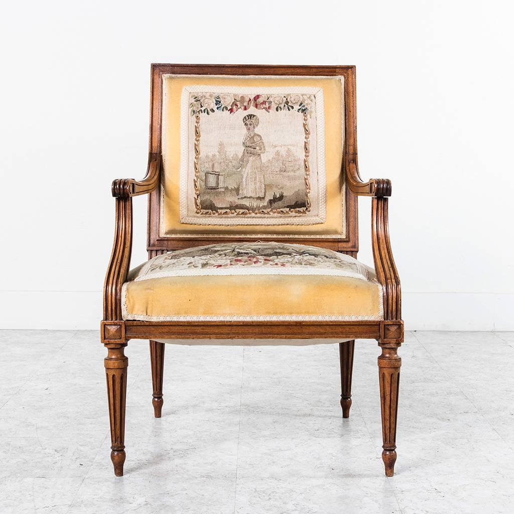 Nineteenth Century Louis XVI Style Walnut Armchairs With Gobelins Tapestry 4