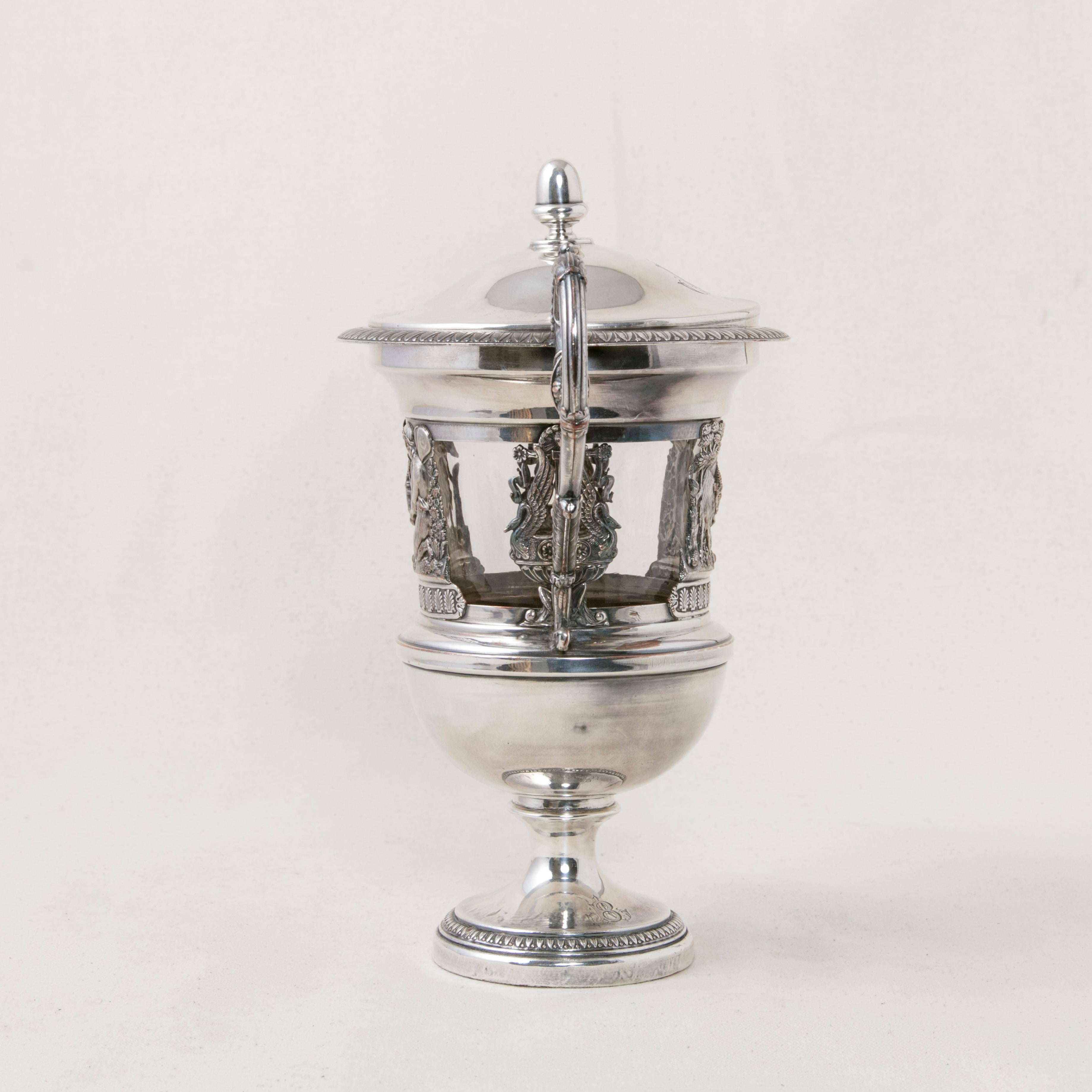 French 19th Century, English Silver Plate Serving Piece or Urn with Crystal Insert