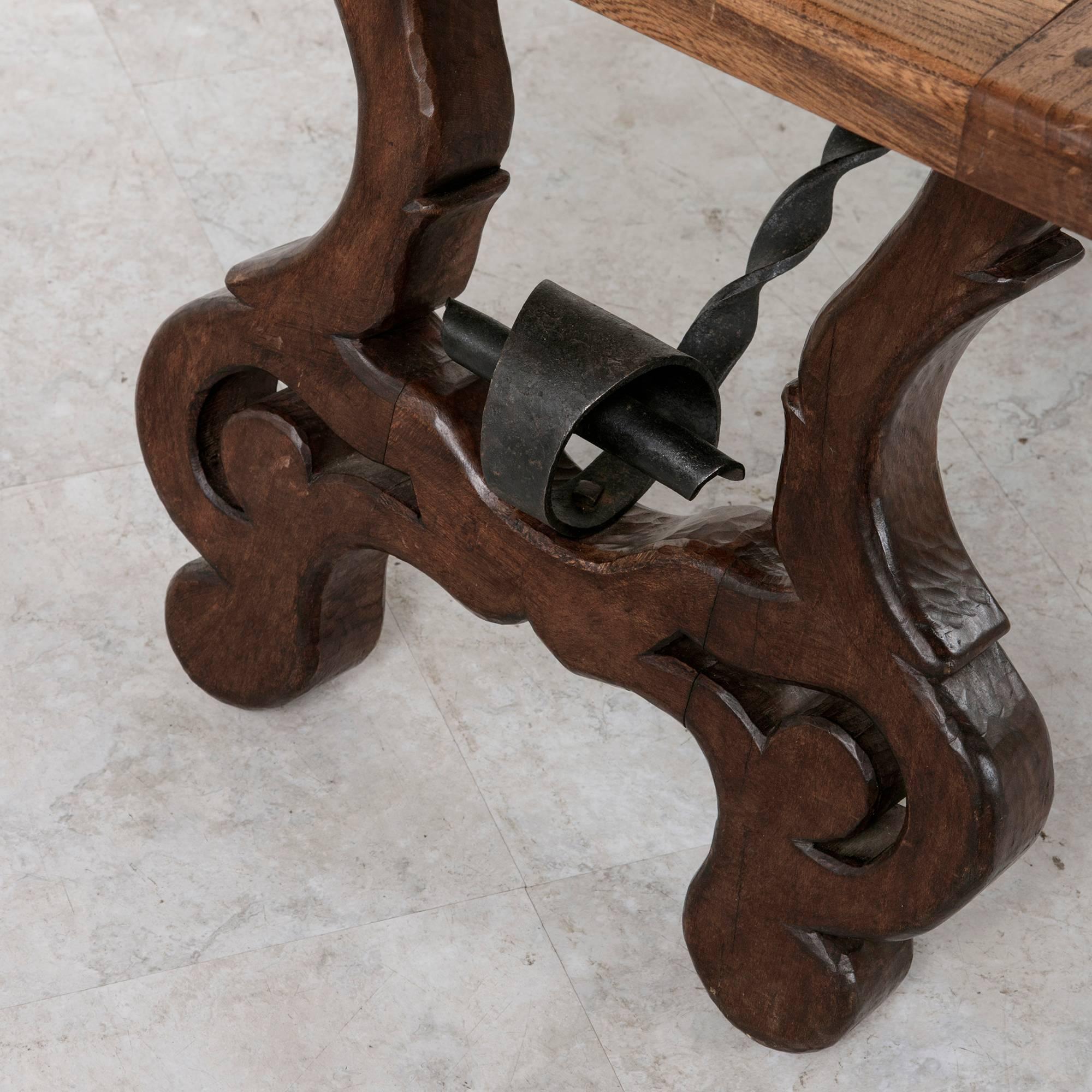 Early 20th Century Spanish Style Oak Coffee Table or Bench with Iron Stretcher 3