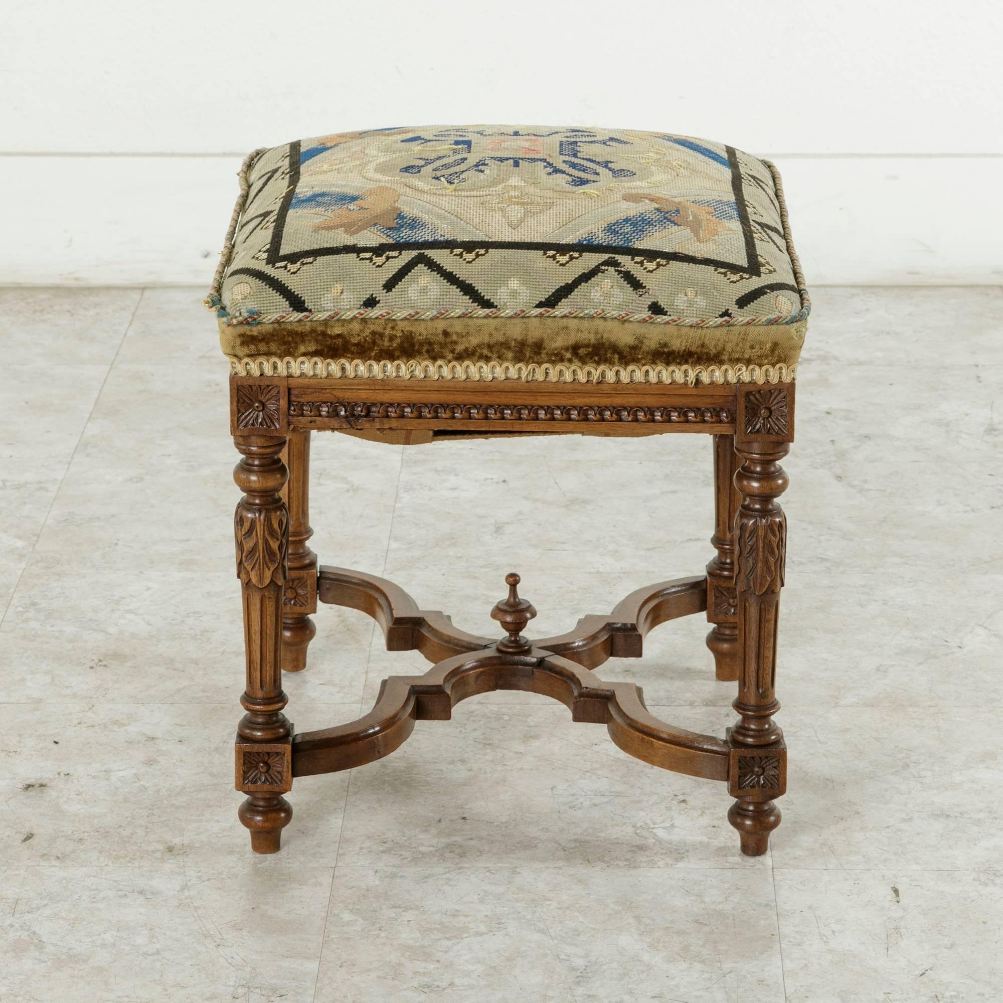 19th Century Hand-Carved Walnut Louis XVI Style Vanity Stool with Needlepoint In Good Condition In Fayetteville, AR