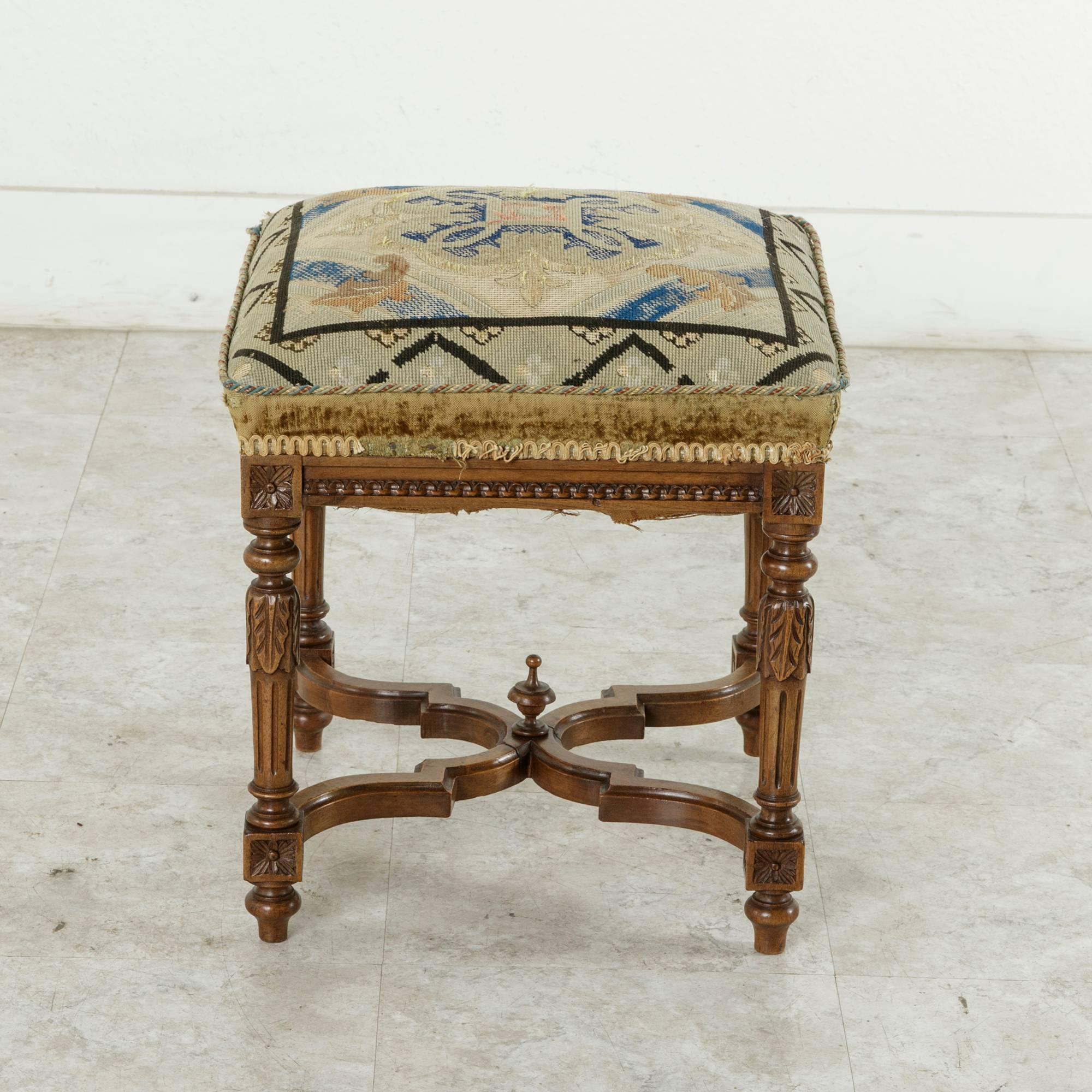 Late 19th Century 19th Century Hand-Carved Walnut Louis XVI Style Vanity Stool with Needlepoint