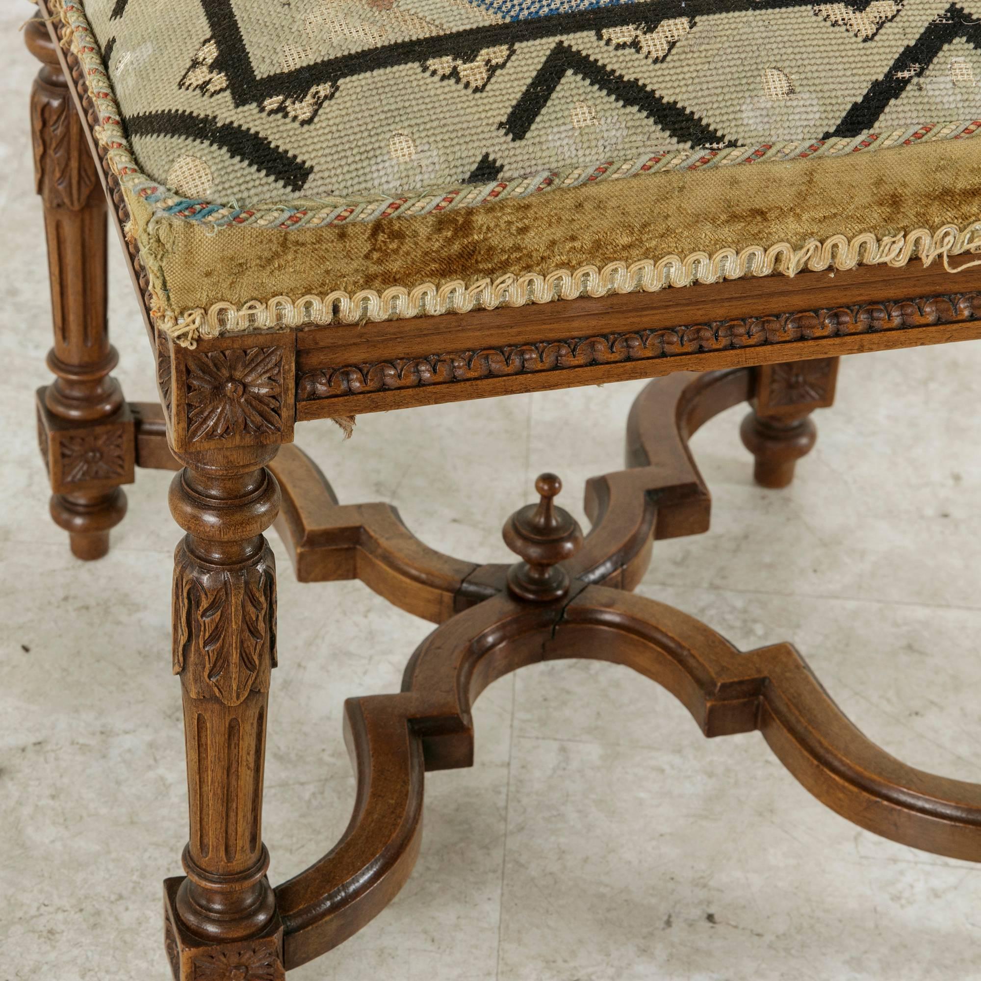 19th Century Hand-Carved Walnut Louis XVI Style Vanity Stool with Needlepoint 1
