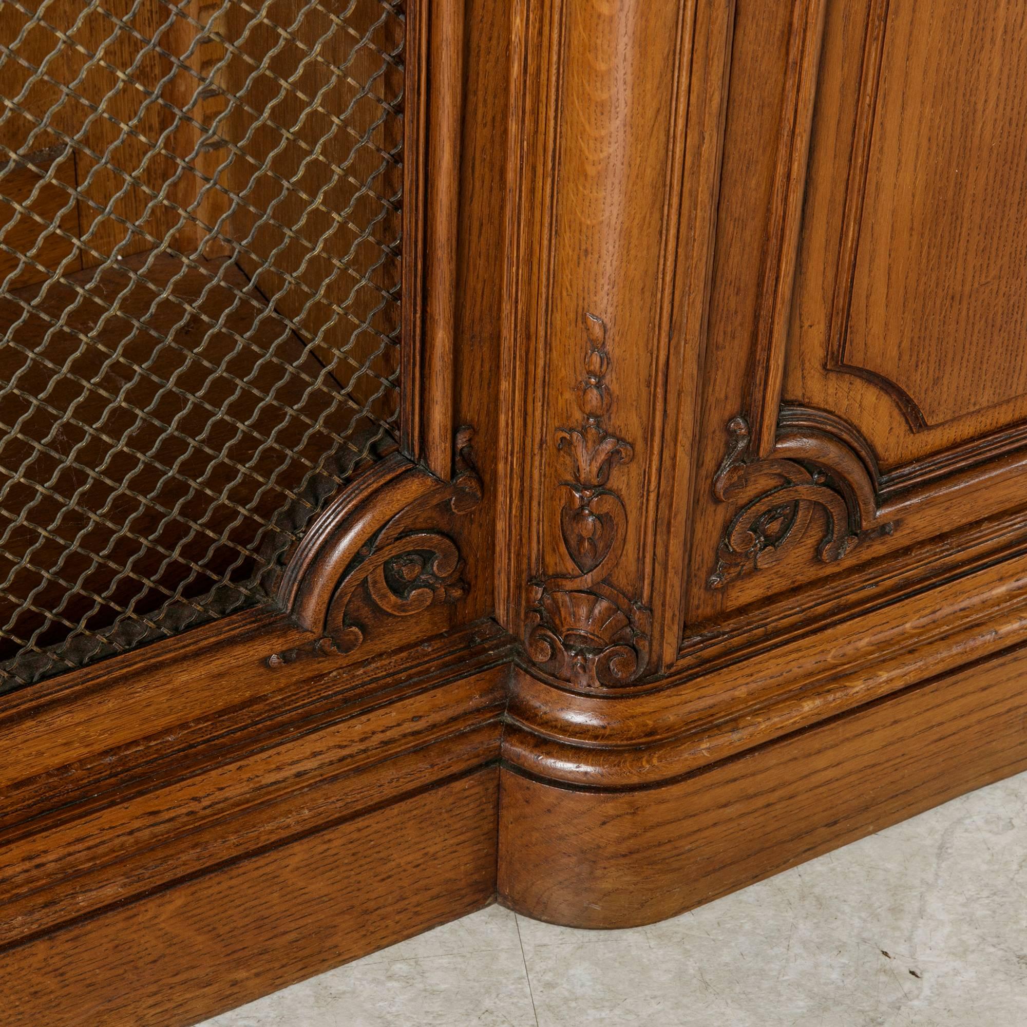 Early 20th Century Hand-Carved Oak French Regency Style Bookcase, Bronze Wire 5