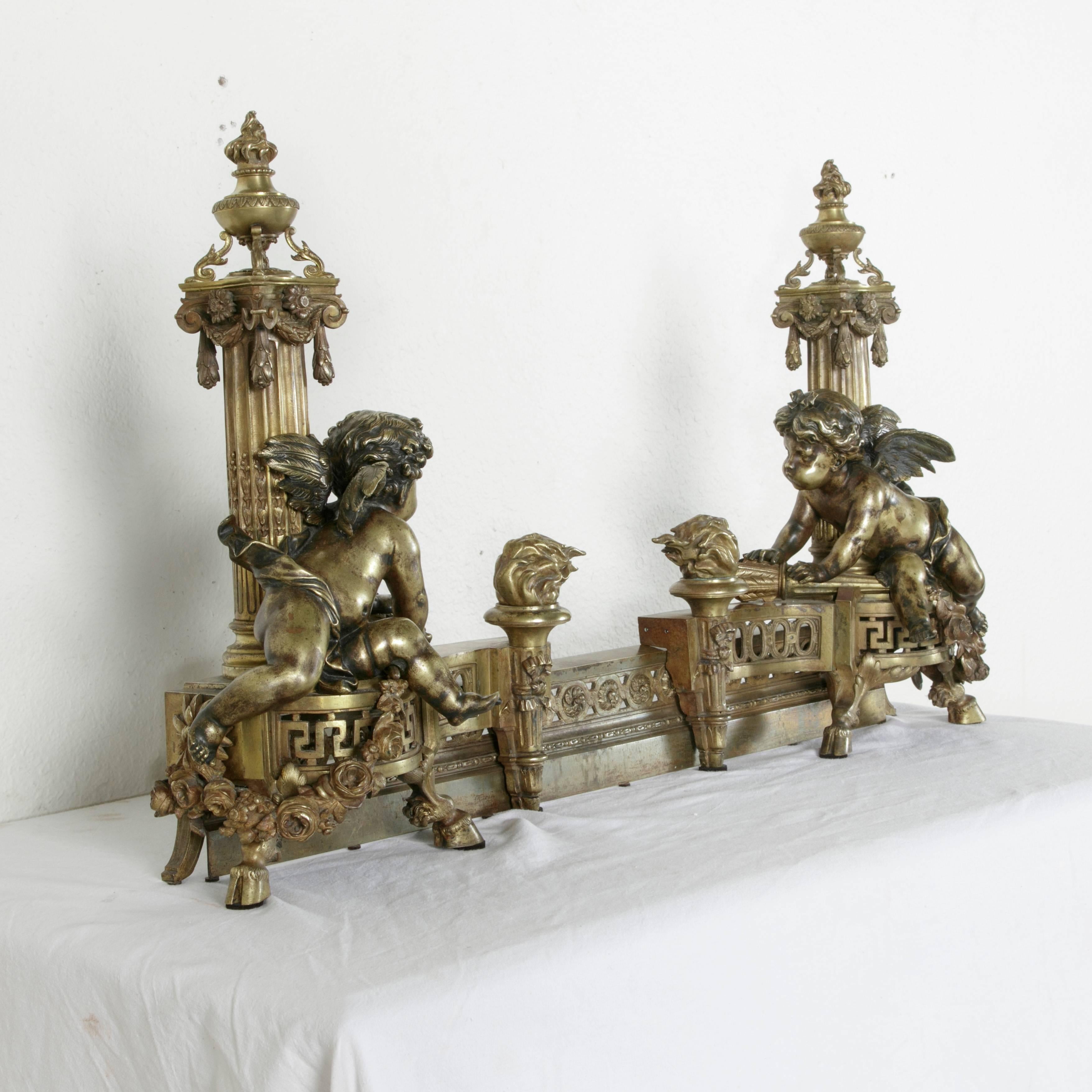 Empire Exceptional Early 19th Century French Bronze Fireplace Fender and Putti Andirons