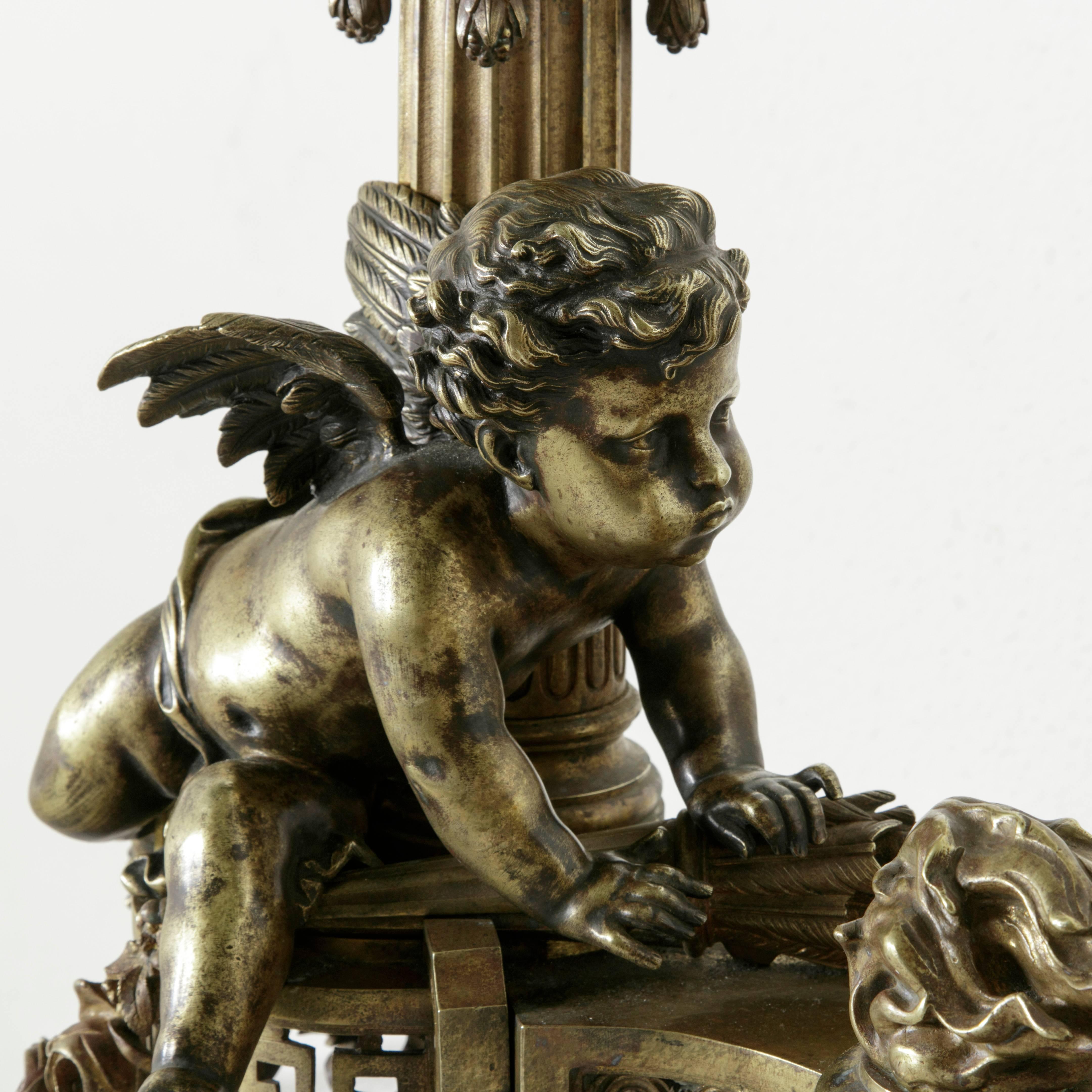 Exceptional Early 19th Century French Bronze Fireplace Fender and Putti Andirons In Excellent Condition In Fayetteville, AR
