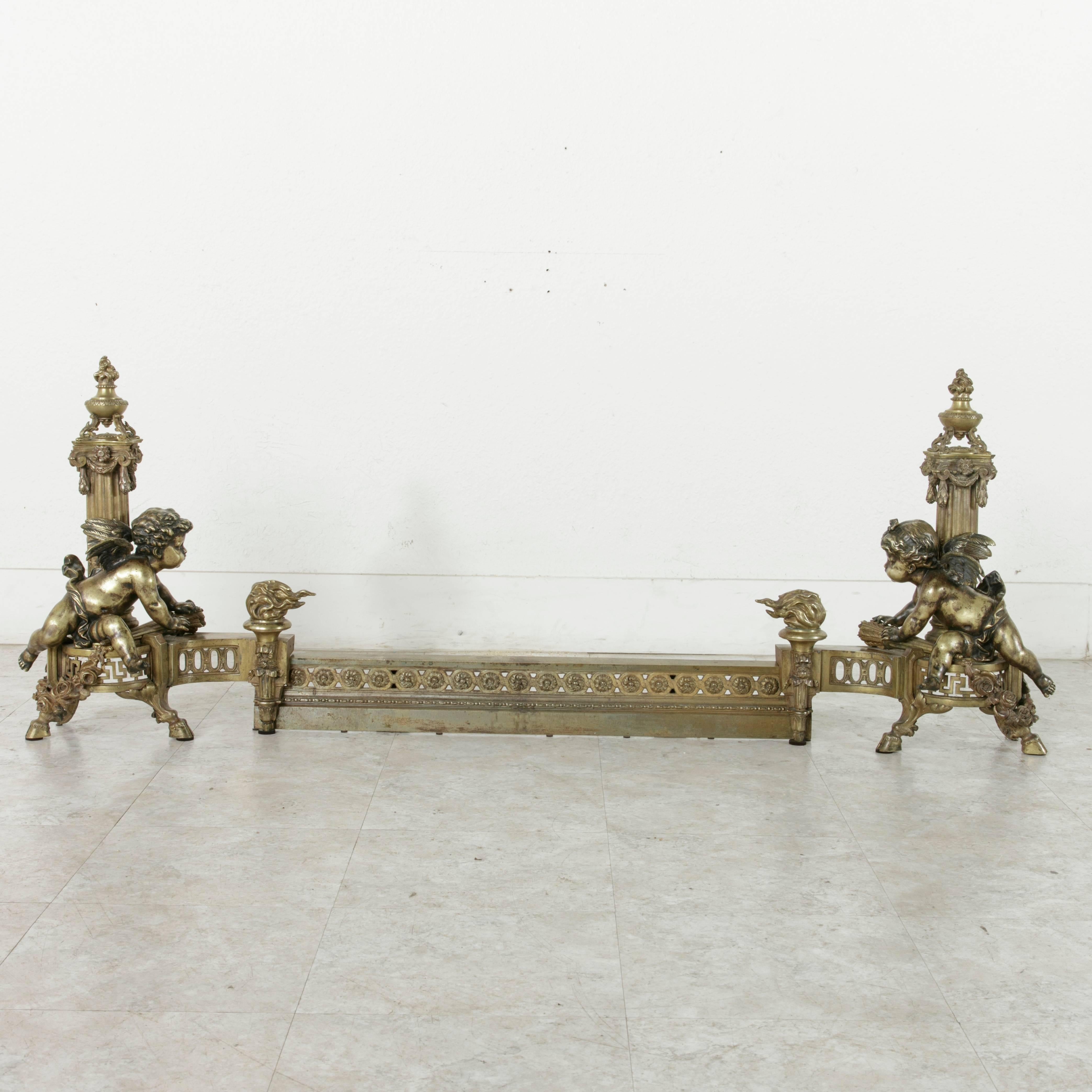 Exceptional Early 19th Century French Bronze Fireplace Fender and Putti Andirons 5