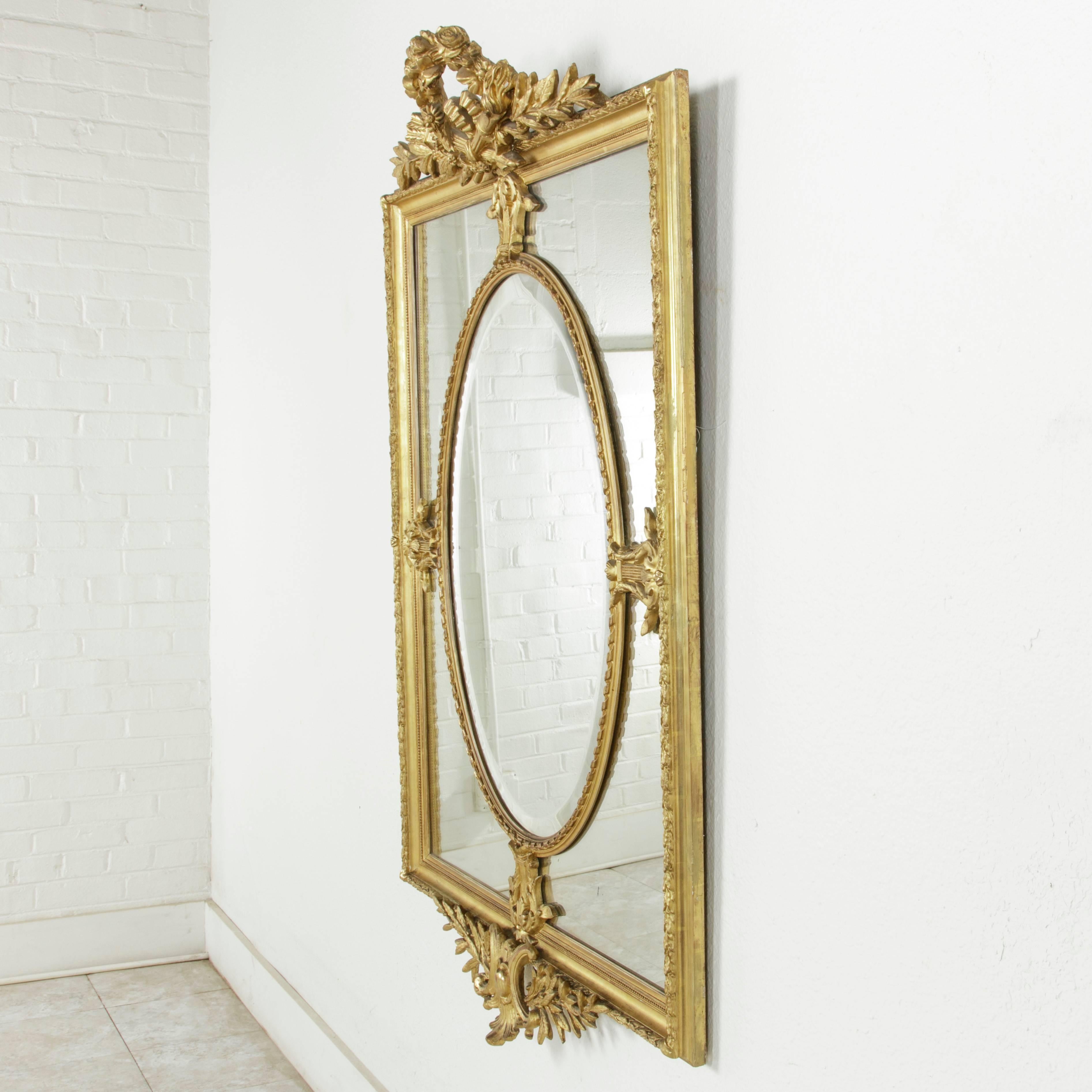 Large 19th Century Louis XVI Style Giltwood and Beveled Mirror with Inset Oval 2
