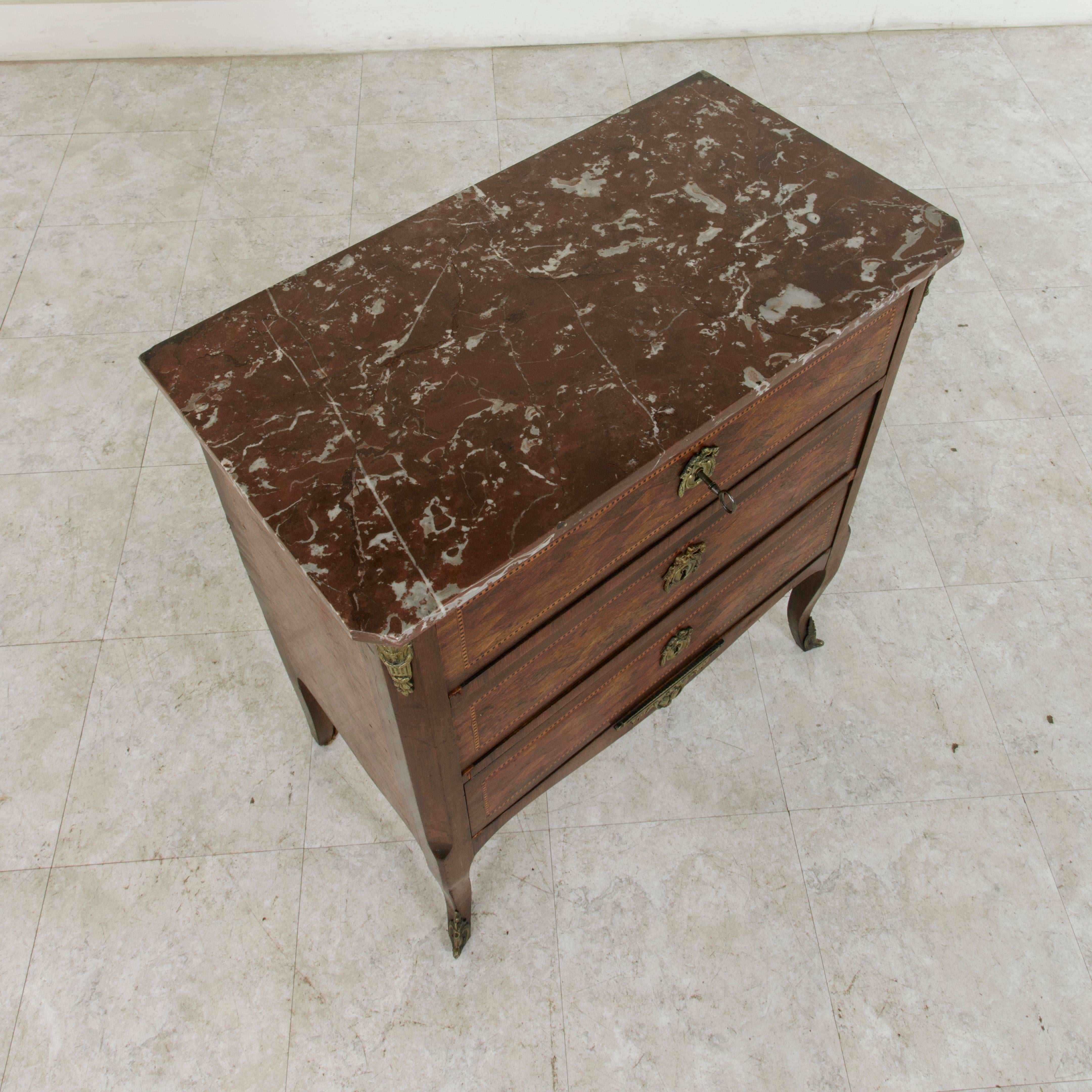 Small Scale Early 20th Century French Transition Style Rosewood Marquetry Chest 1