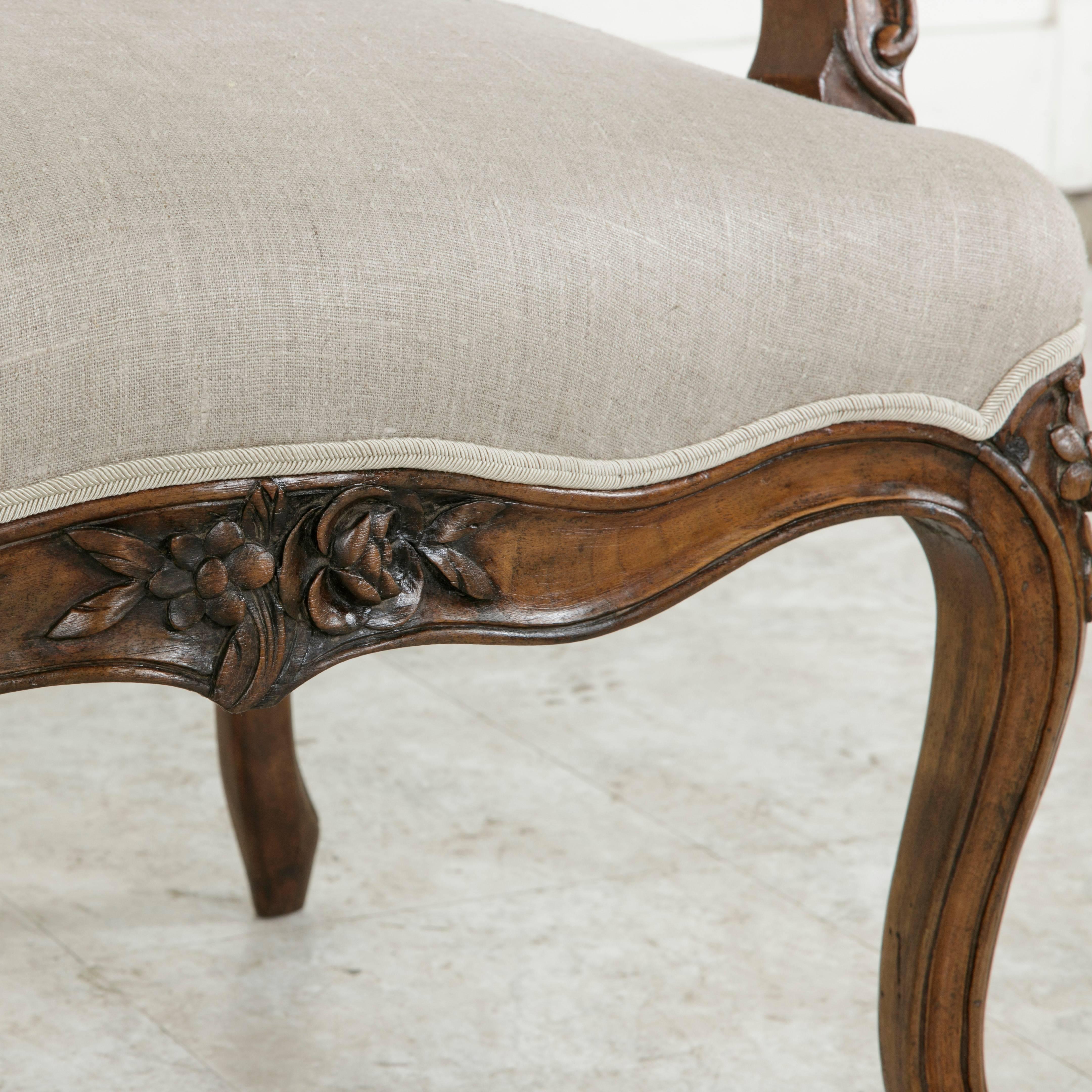 Pair of 19th Century Hand Carved Walnut French Louis XV Style Armchairs in Linen 4