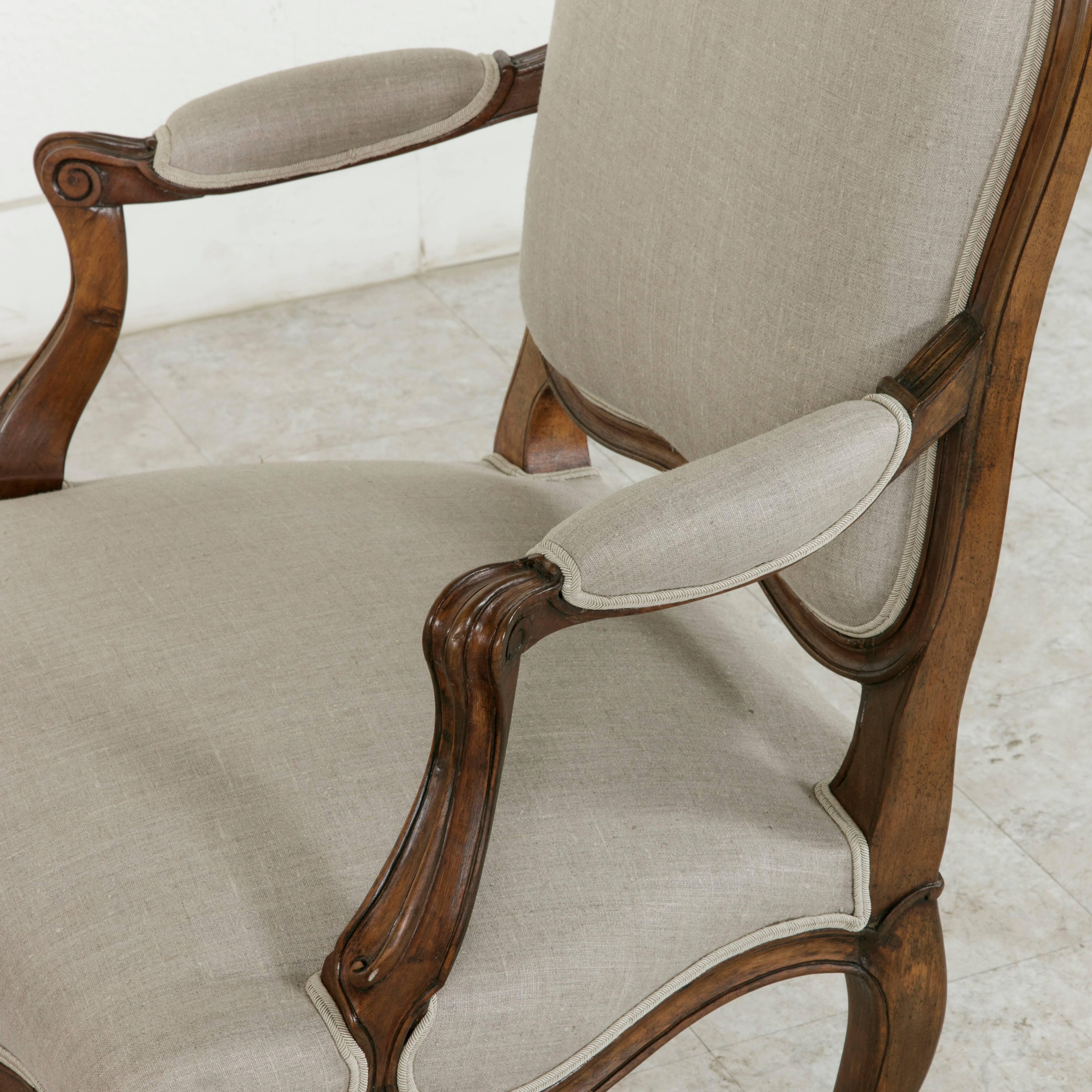 Pair of 19th Century Hand Carved Walnut French Louis XV Style Armchairs in Linen 3