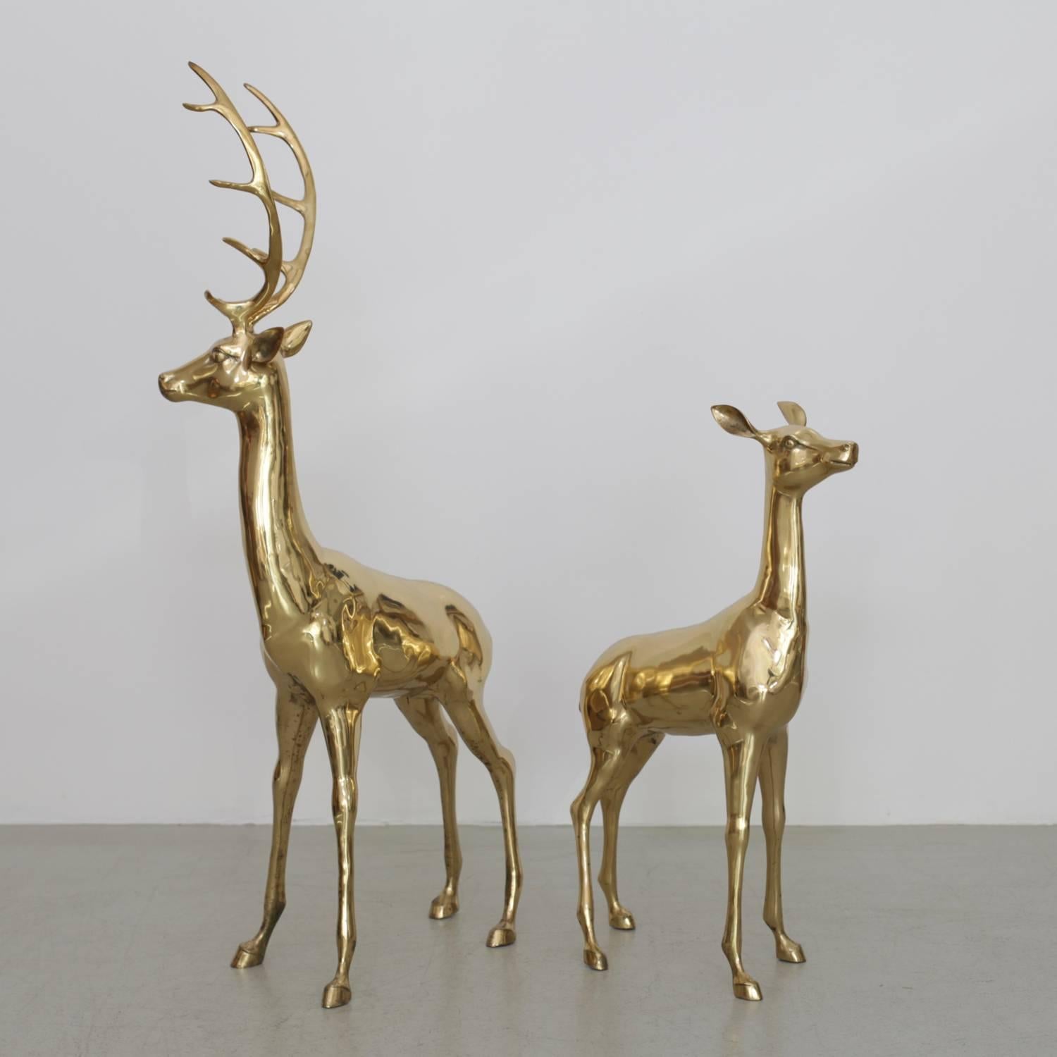 French Amazing Set of Two Huge Deer Made of Brass, France, 1970s