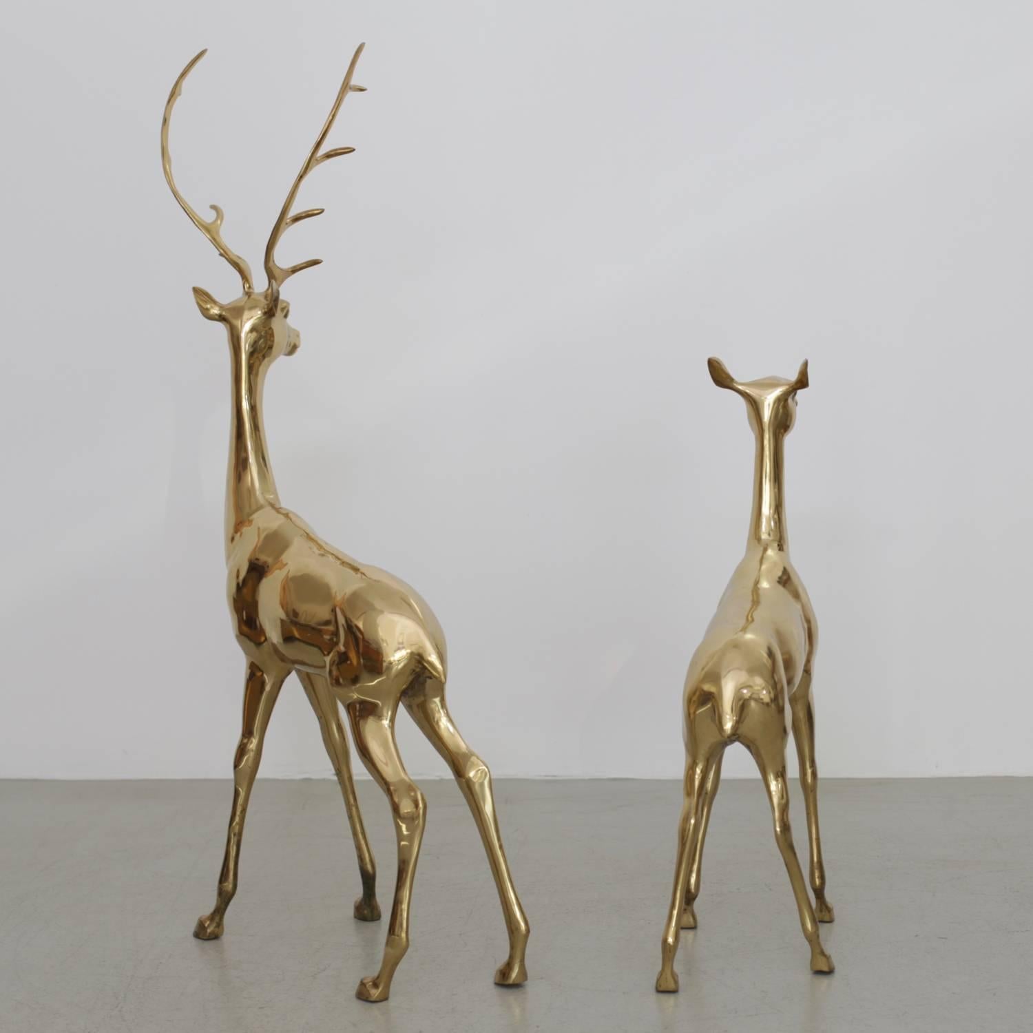 Hollywood Regency Amazing Set of Two Huge Deer Made of Brass, France, 1970s