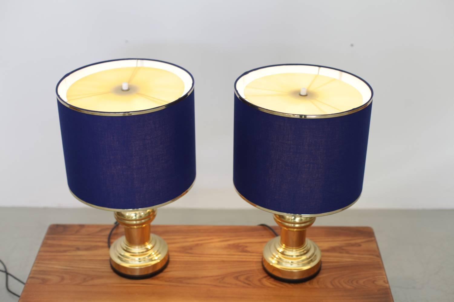 German Set of Two Art Deco Style Table Lamps in Brass with Dark Blue Shades For Sale