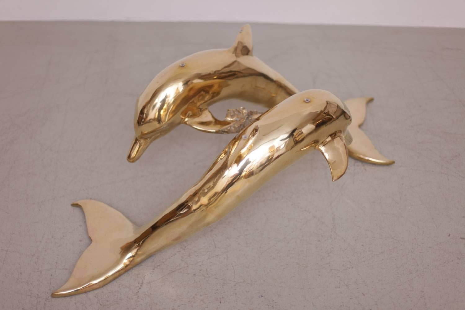 Hollywood Regency Brass Coffee Table in Form of Two Dolphins For Sale