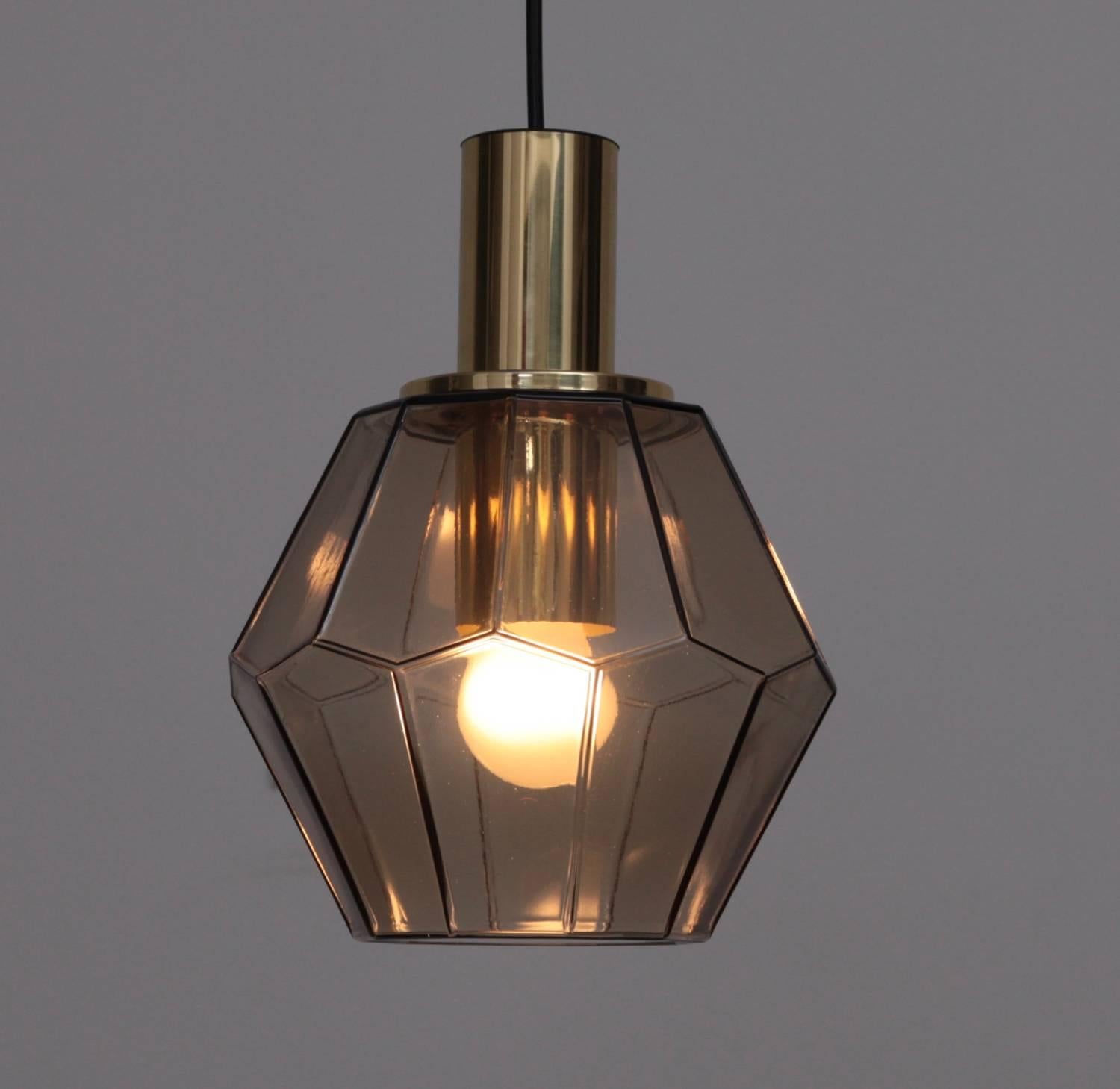 Mid-Century Modern One of 12 Elegant Brass and Smoked Glass Pendant Lamp, 1960s