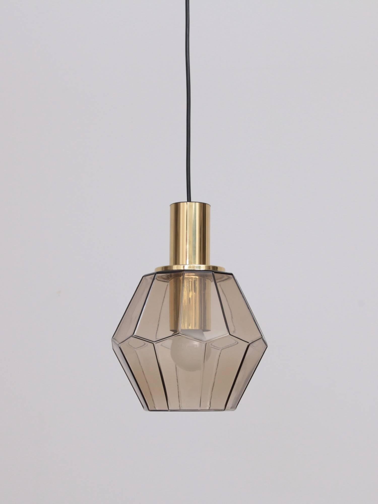 German One of 12 Elegant Brass and Smoked Glass Pendant Lamp, 1960s