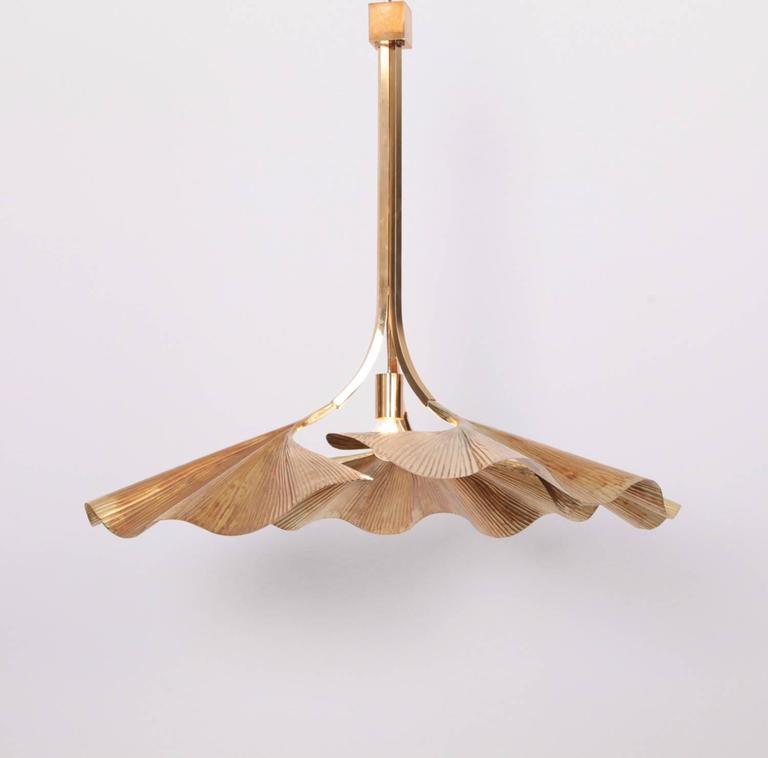Very rare, huge ginkgo leaf chandelier by the Italian designer Tommaso Barbi. The chandelier is made of brass and the reflection of the light on the brass brings a cozy atmosphere in every room. The chandelier is very hard to find and a real
