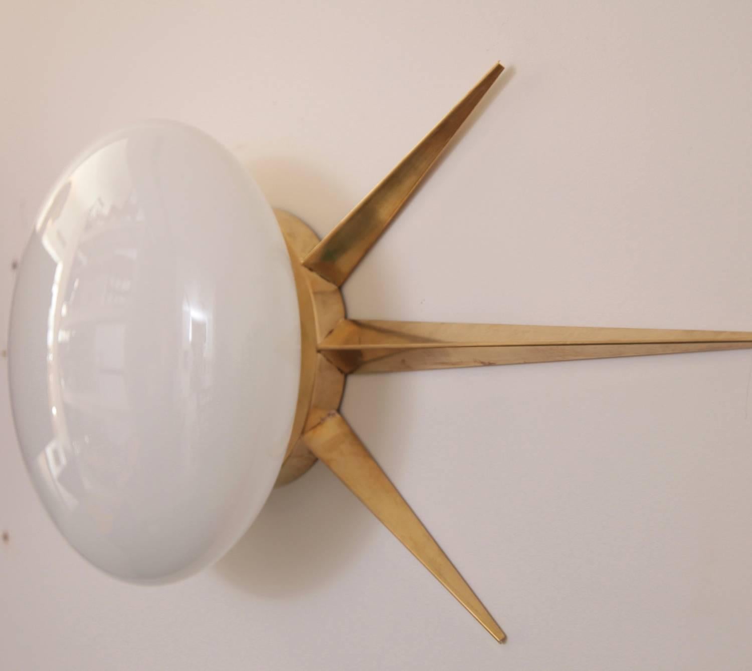Mid-Century Modern 1 of 4 Huge Murano Glass and Brass Starburst Sconces or Wall Lamps For Sale