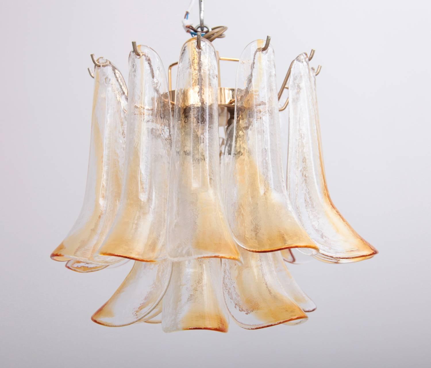 Italian Pair of Vintage 1960s Murano Glass Chandeliers in Amber For Sale