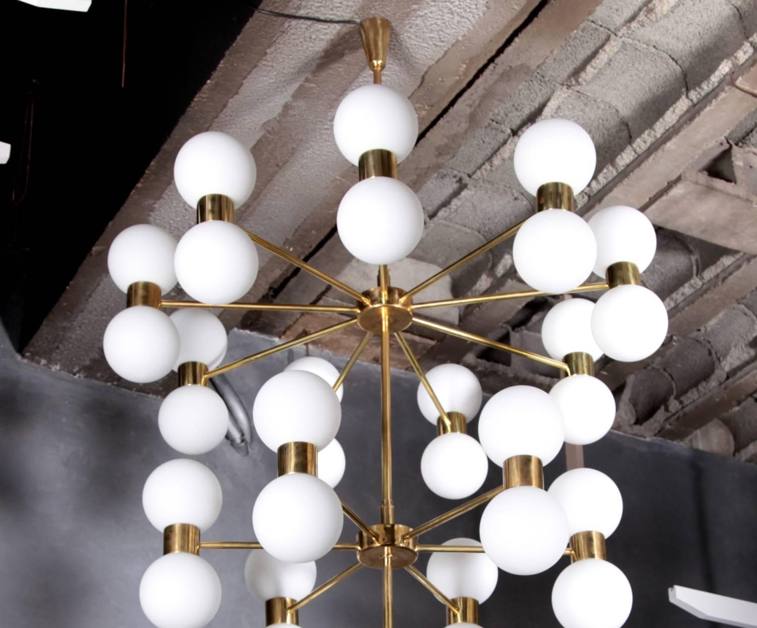 Mid-Century Modern Exceptional Huge Brass and Frosted Glass Chandelier in the Style of Stilnovo