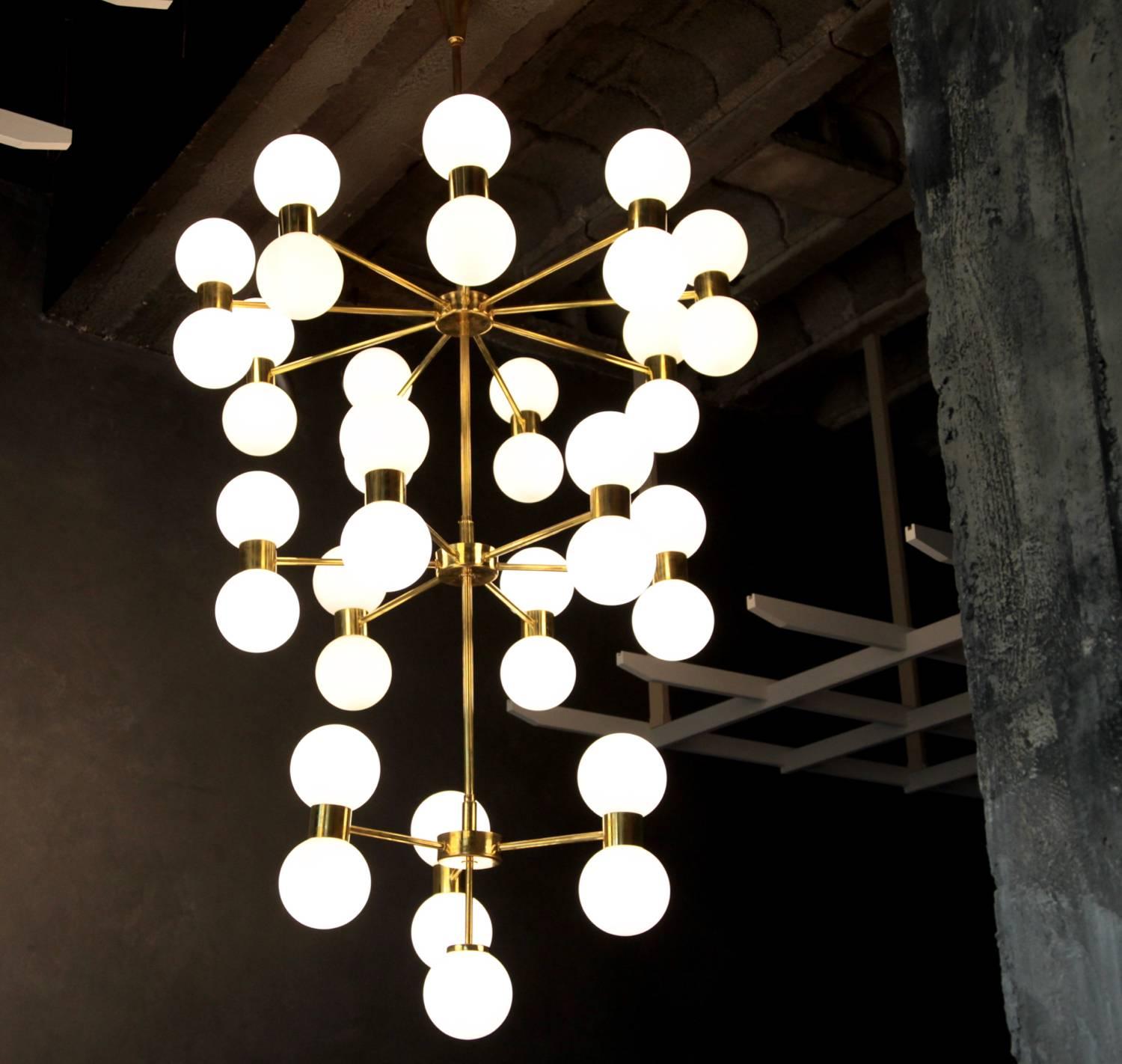 Contemporary Exceptional Huge Brass and Frosted Glass Chandelier in the Style of Stilnovo