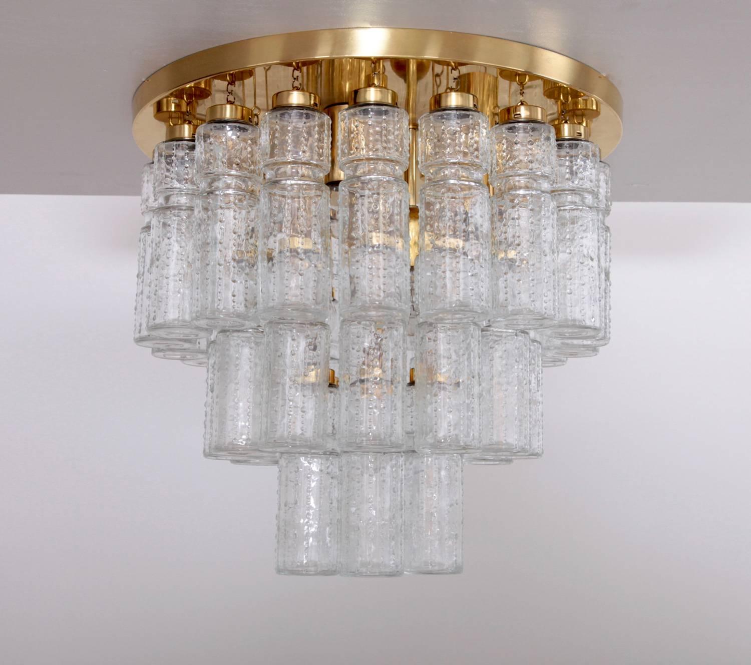 Mid-Century Modern 1 of 17 Huge Glass and Brass Flush Mounts or Chandeliers by Glashütte Limburg  For Sale