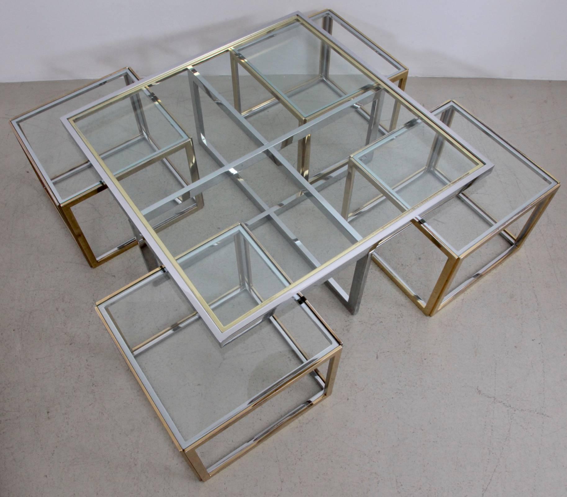 Hollywood Regency Huge Coffee Table in Brass and Chrome with Four Nesting Tables by Maison Charles For Sale