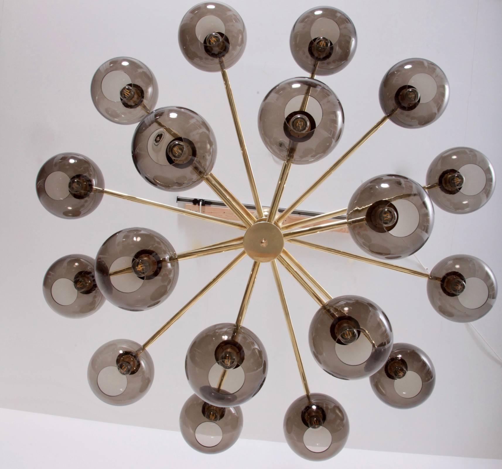 Mid-Century Modern 1 of 2 Huge Tinted Glass and Brass Chandelier Attributed to Hans-Agne Jakobsson