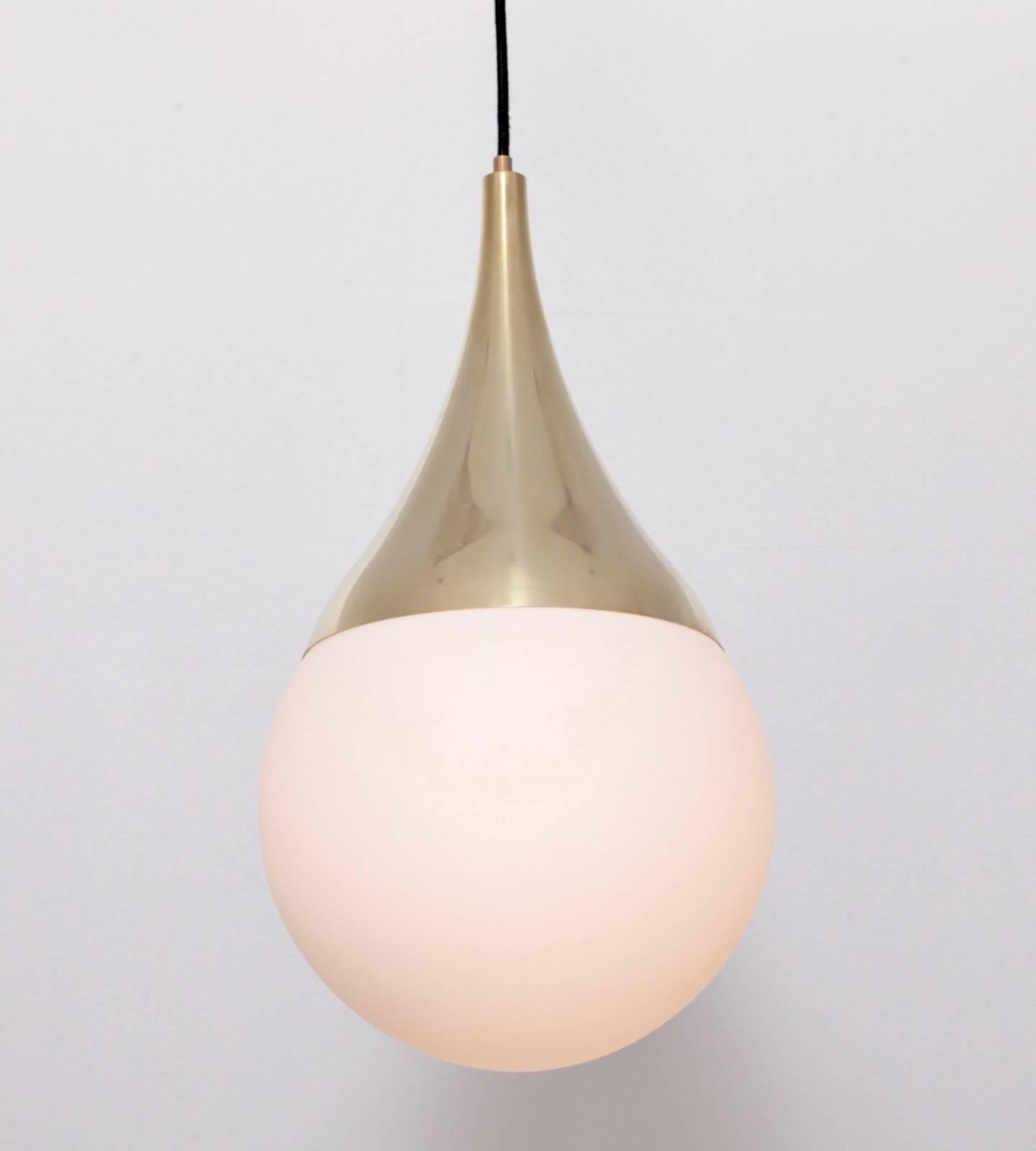 Mid-Century Modern 1 of 4 Brass and Satined Glass Pendant Lamps For Sale
