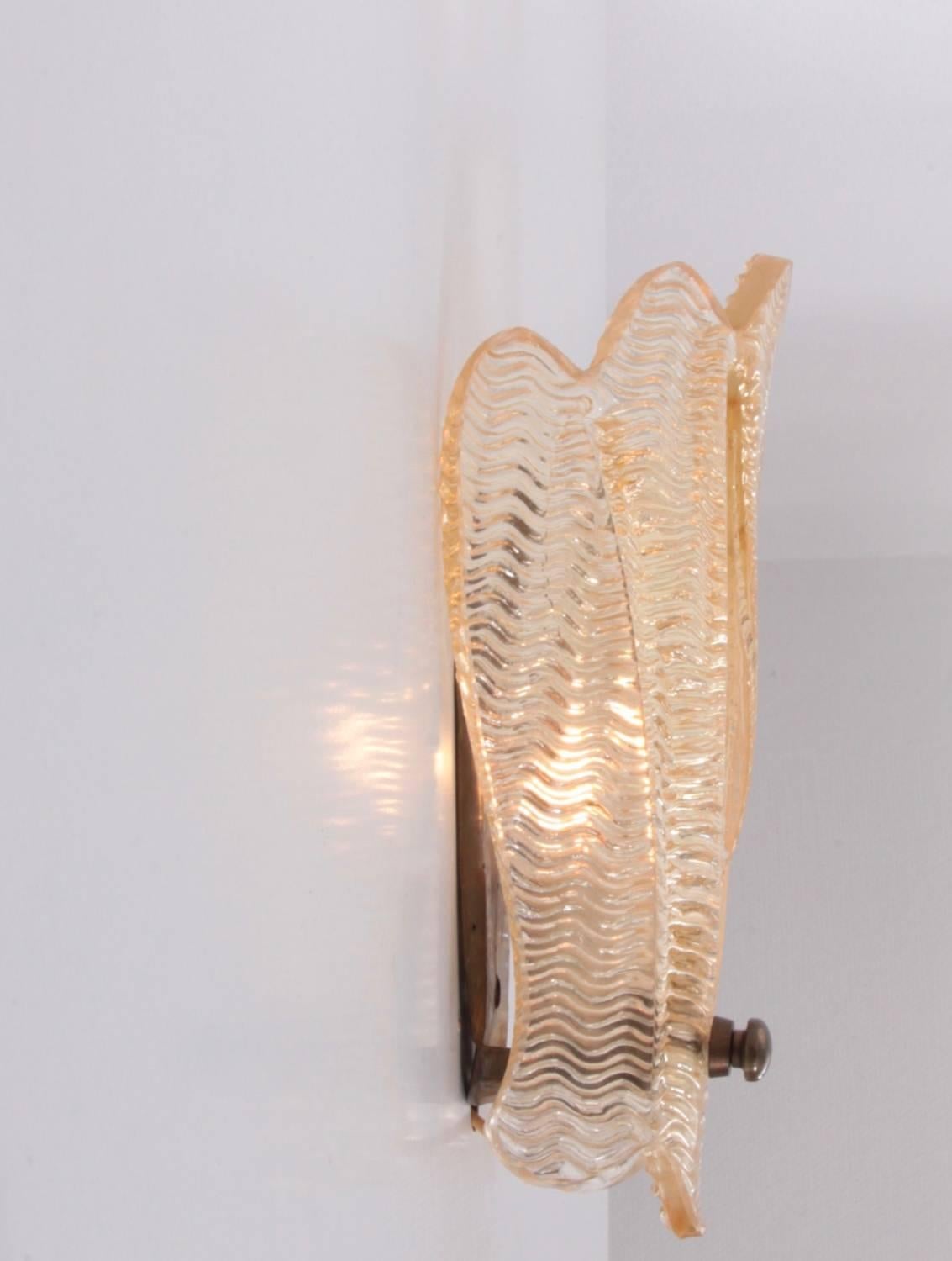 Mid-Century Modern Pair of Brass Carl Fagerlund Fan Wall Lamps by Lyfa and Orrefors Glass