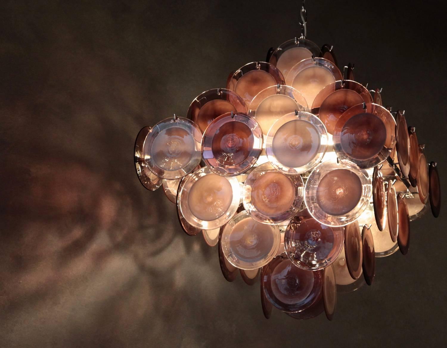 Mid-Century Modern Large Amethyst Color Murano Glass Disk Chandelier by Vistosi