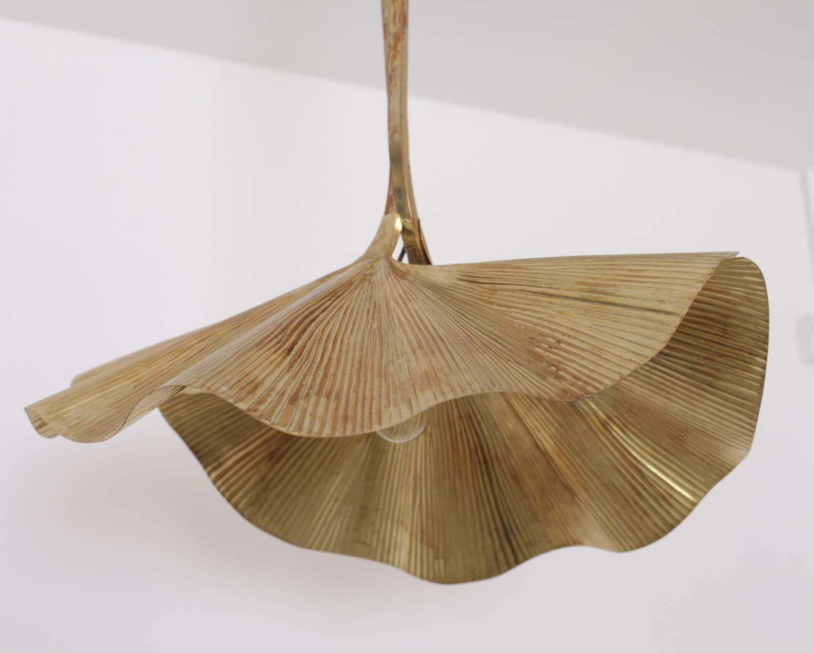 Very rare, huge ginkgo leaf chandelier by the Italian designer Tommaso Barbi. The chandelier are made of brass and the reflexion of the light on the brass brings a cozy atmosphere in every room. The chandelier is very hard to find and a real