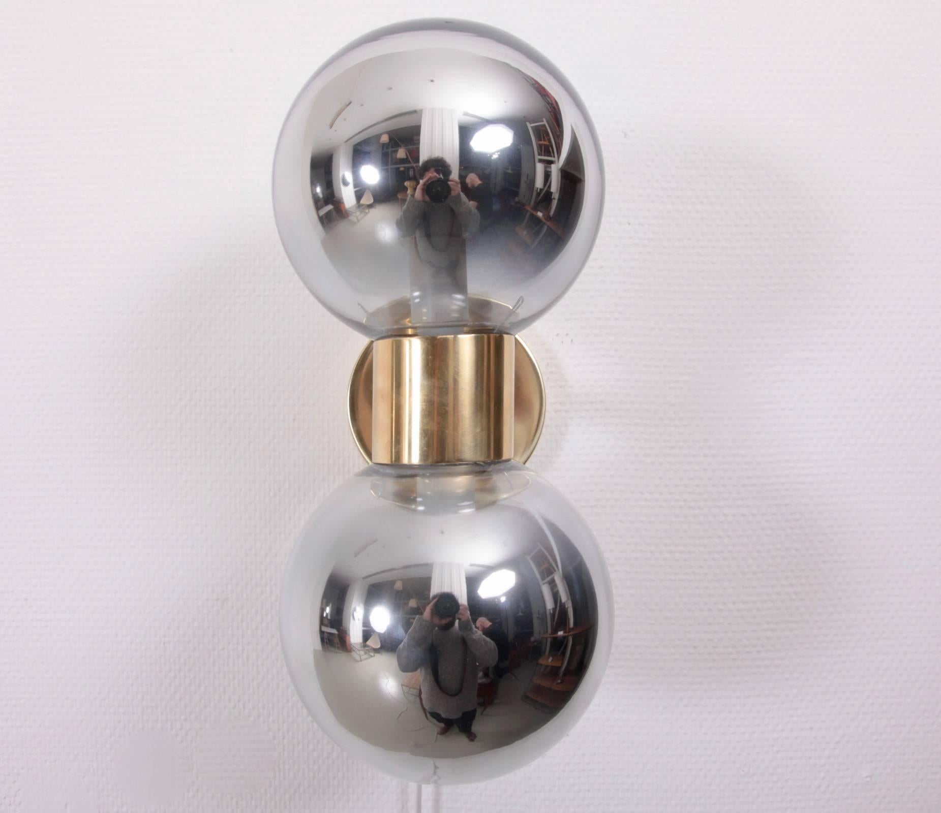 Italian 1 of 2 Brass and Mercury Glass Wall Lamps or Scones For Sale