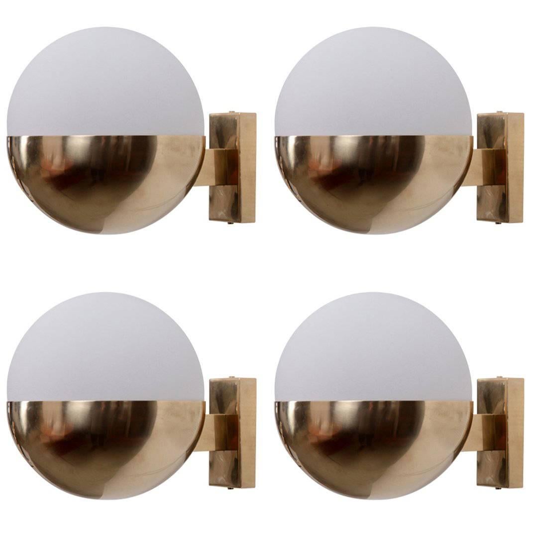 1 of 8 Brass and Satinized Glass Wall Lamps or Sconces For Sale