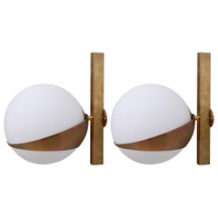 Pair of Stilnovo Style Brass and White Glass Wall Lamps or Scones