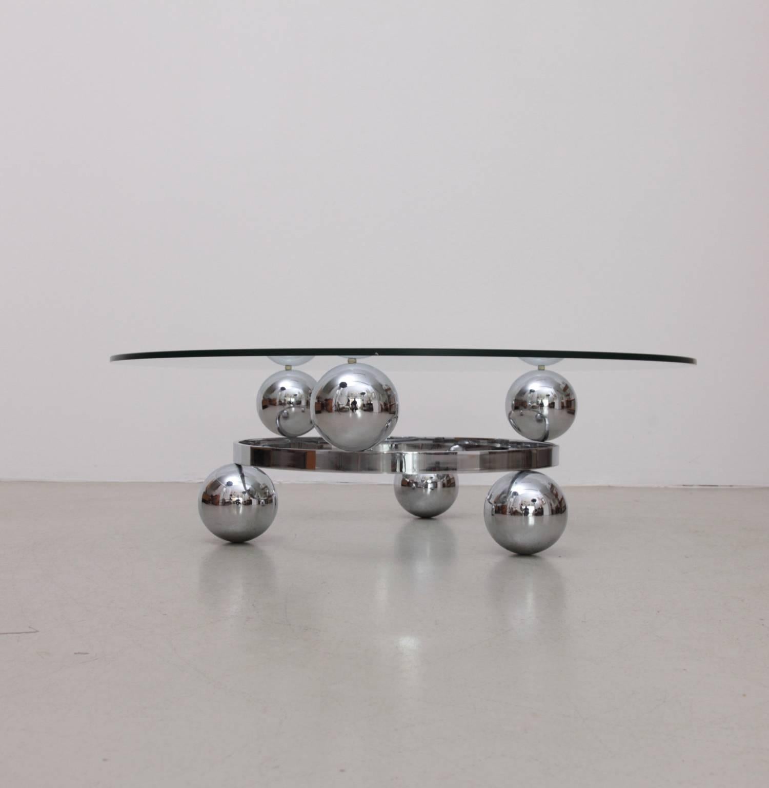 French Round Chrome Sputnik Atomic Coffee Table with Glass Top