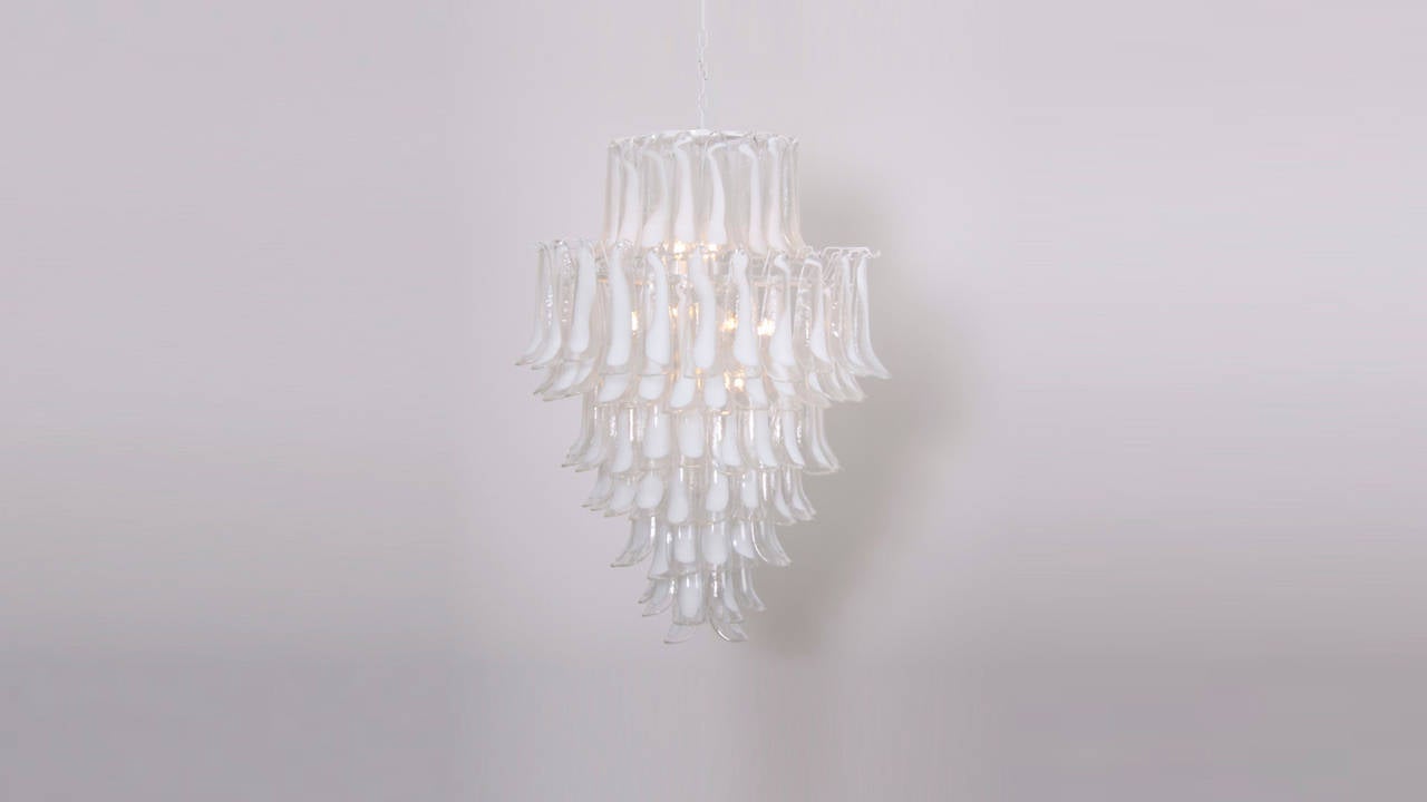 Hollywood Regency Oversized Murano Glass Tulipani or Feather Chandelier Attributed to Mazzega