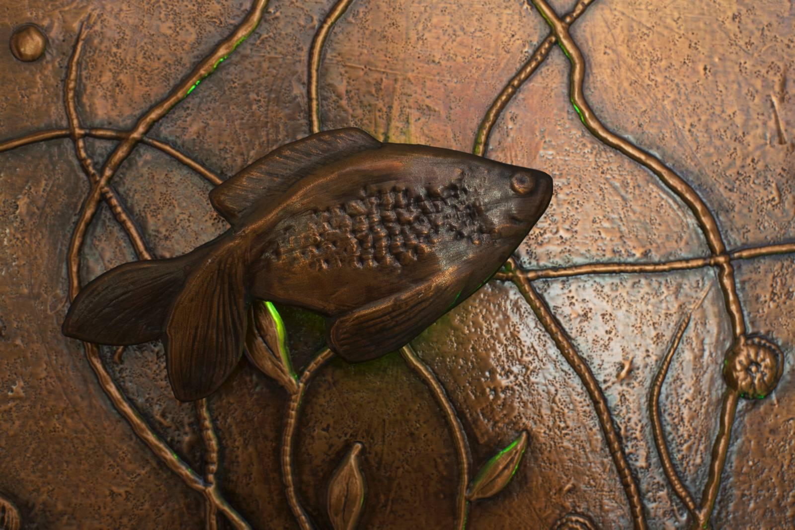 German Huge Lighted Copper Wall Picture Panel or Object with Fishes