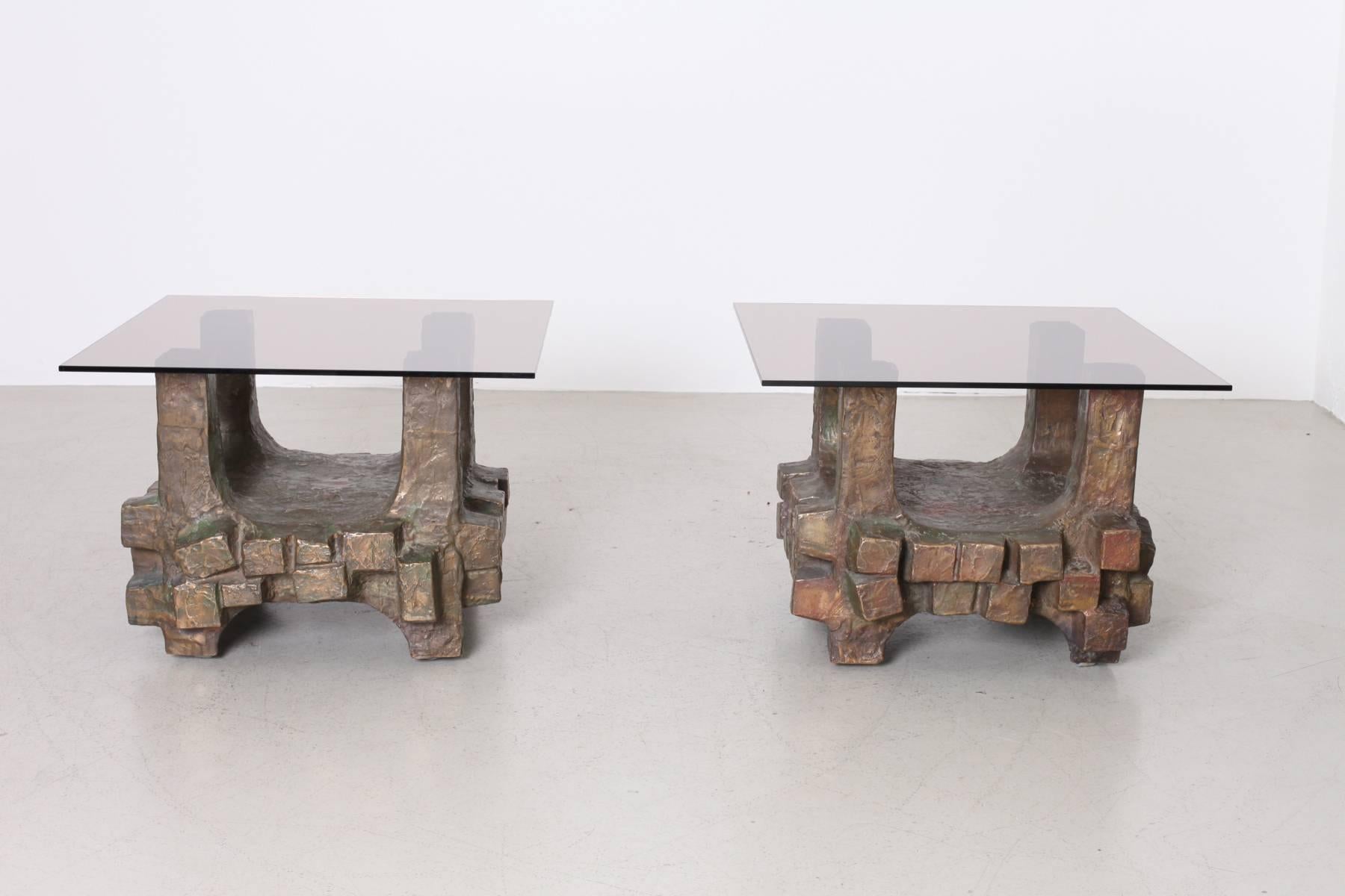 German Unique Pair of Brutalist Bronze Side Tables in the Manner of Paul Evans